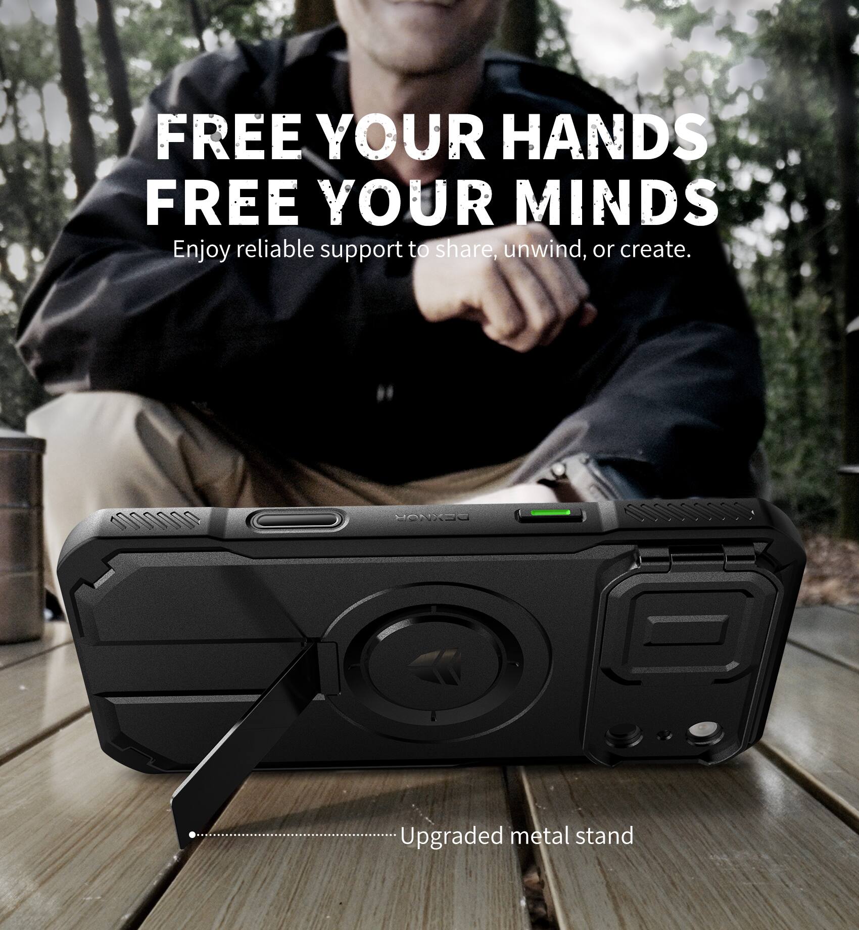 FREE YOUR HANDS  
FREE YOUR MINDS  
Enjoy reliable support to share, unwind, or create.  

DERAL  
Upgraded metal stand