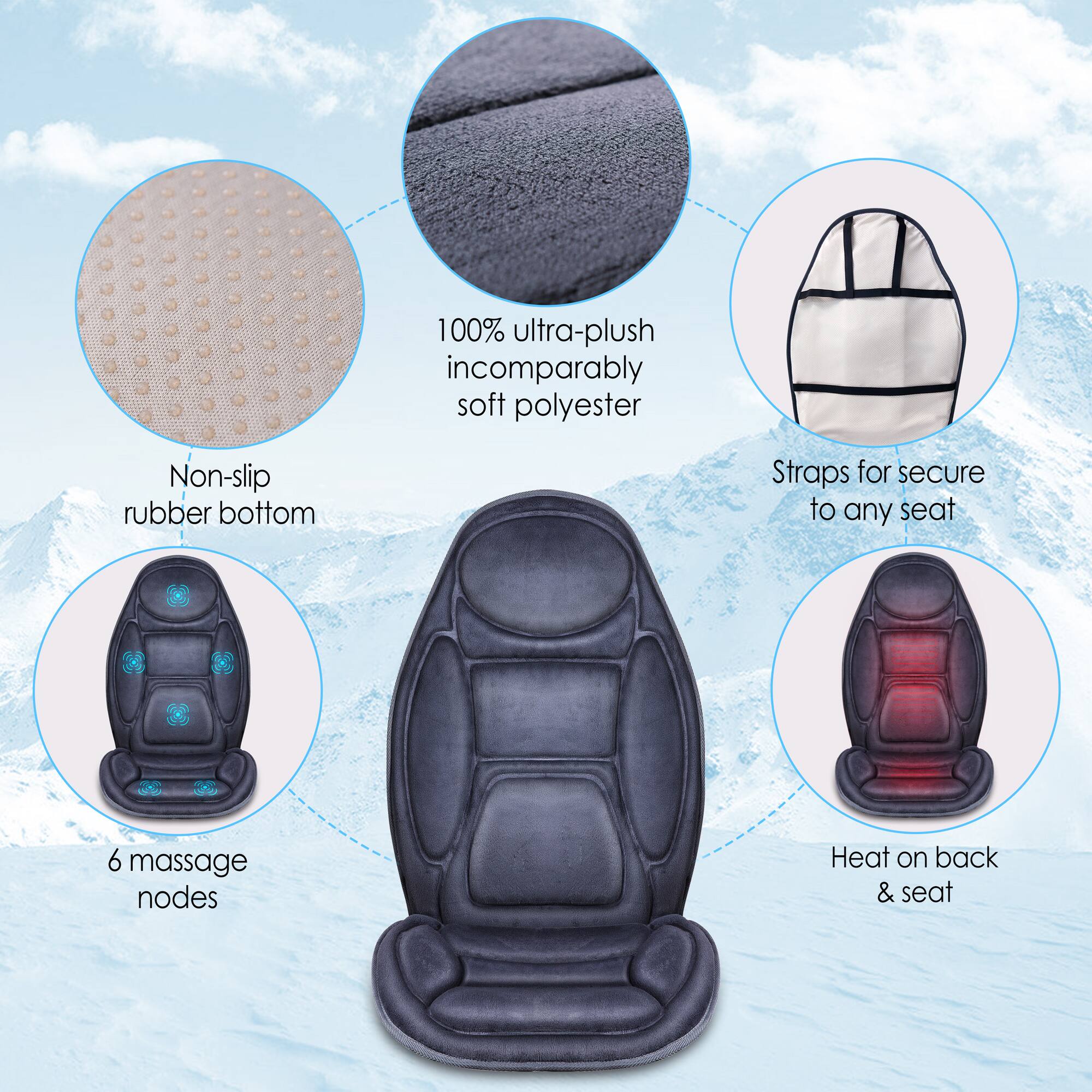 100% ultra-plush, incomparably soft polyester  
Non-slip rubber bottom  
Straps for secure attachment to any seat  
6 massage nodes  
Heat on back & seat