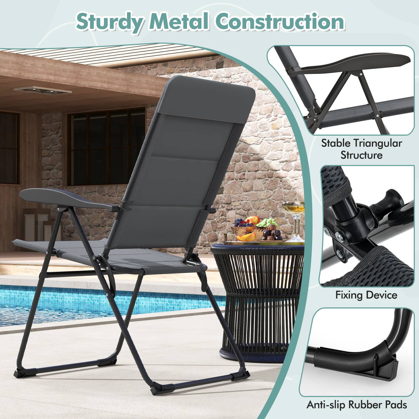 Sturdy Metal Construction

- Stable Triangular Structure
- Fixing Device
- Anti-slip Rubber Pads