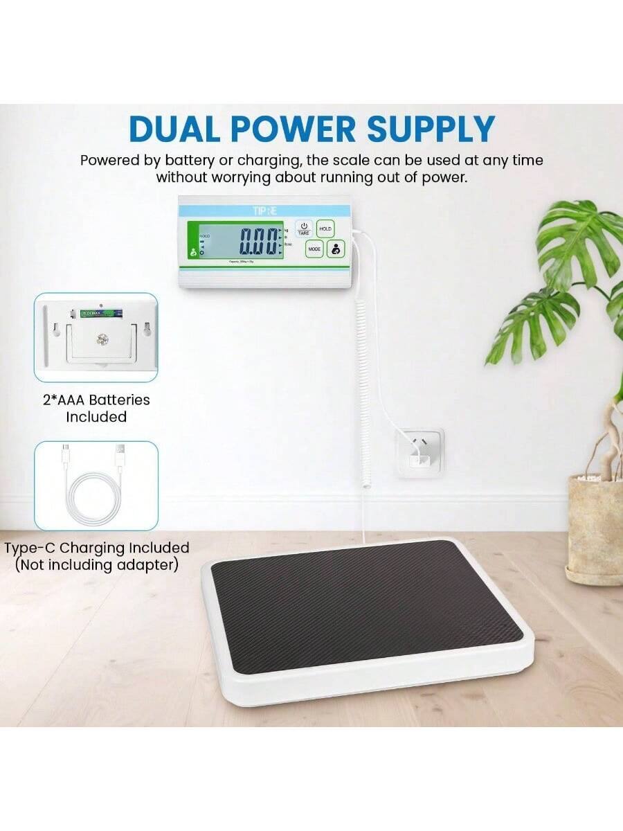 DUAL POWER SUPPLY  
Powered by battery or charging, the scale can be used at any time without worrying about running out of power.  

2*AAA Batteries Included  
Type-C Charging Included (Not including adapter)