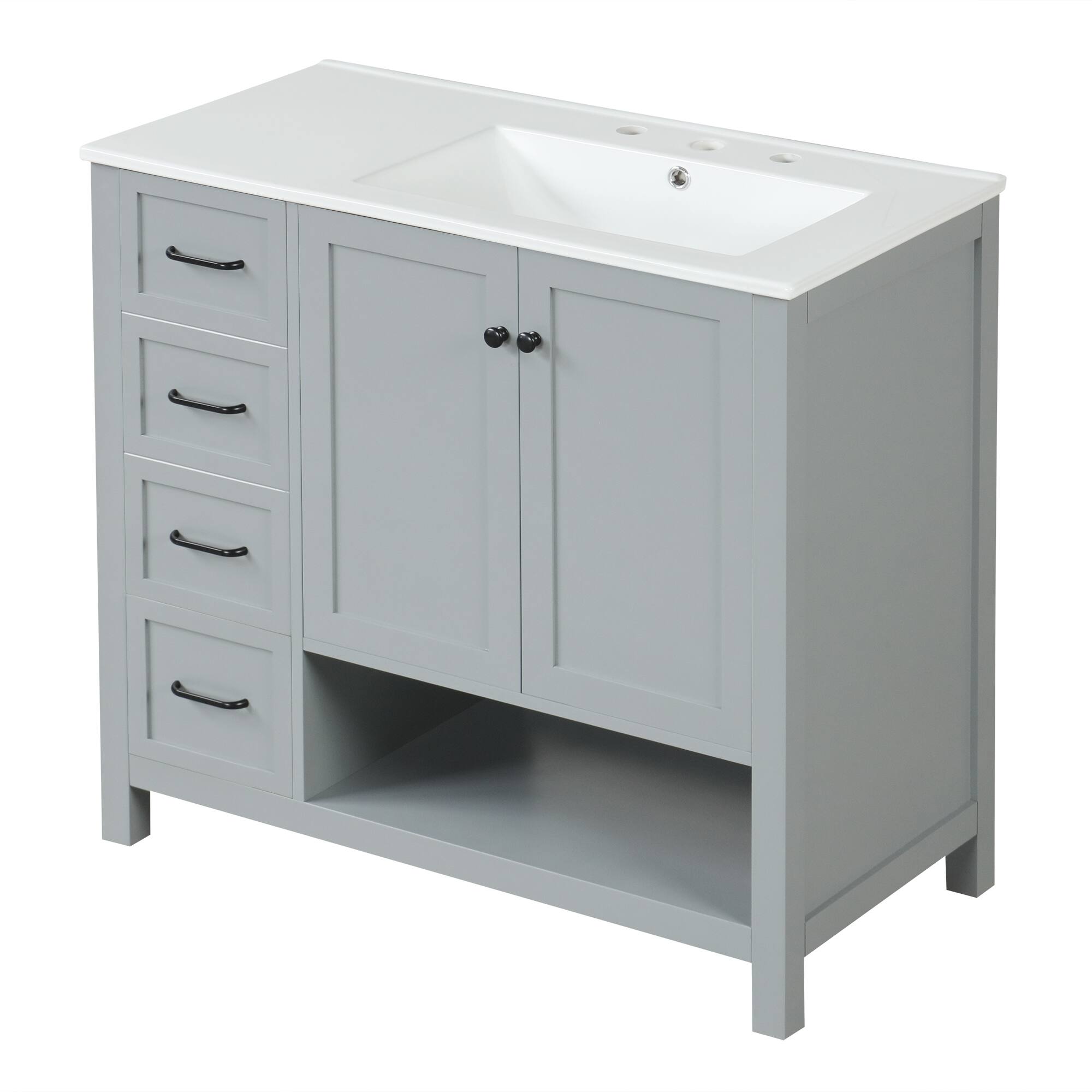 Left. Whisen - 36 Inch Bathroom Vanity with Right Side Ceramic Sink Combo and Single Open Shelf Storage Cabinet - Gray.