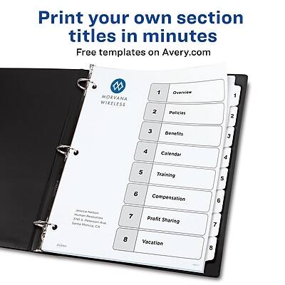 Print your own section titles in minutes  
Free templates on Avery.com  

MORVANA WIRELESS  

1. Overview  
2. Policies  
3. Benefits  
4. Calendar  
5. Training  
6. Compensation  
7. Profit Sharing  
8. Vacation  

JNI S Resources  
Santa Peterson Manica CA