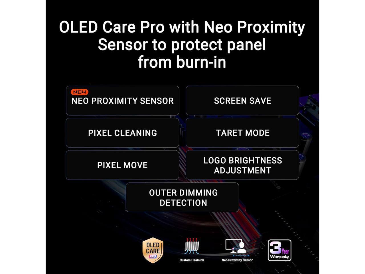 OLED Care Pro with Neo Proximity Sensor to protect panel from burn-in

NEW NEO PROXIMITY SENSOR
SCREEN SAVE
PIXEL CLEANING
TARET MODE
PIXEL MOVE
LOGO BRIGHTNESS ADJUSTMENT
OUTER DIMMING DETECTION

OLED CARE PRO
Custom Heatsink
Neo Proximity Sensor
3% Year Warranty