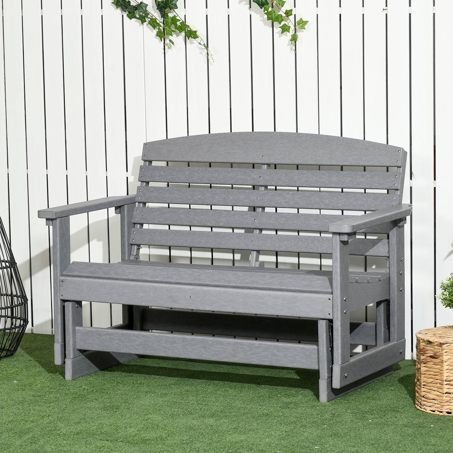 Angle. Outsunny - 2-Person Outdoor Glider Bench Patio Double Swing Rocking Chair Loveseat w/ Slatted HDPE Frame for Backyard Garden Porch - Light Gray.