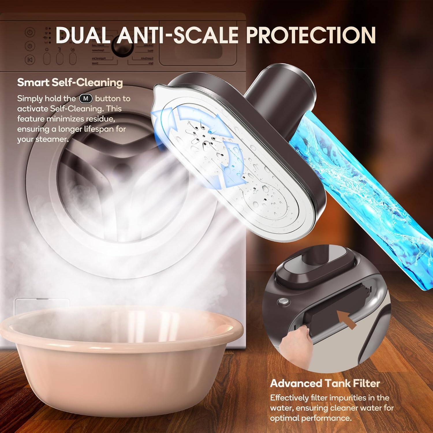 DUAL ANTI-SCALE PROTECTION

Smart Self-Cleaning  
Simply hold the (M) button to activate Self-Cleaning. This feature minimizes residue, ensuring a longer lifespan for your steamer.

Advanced Tank Filter  
Effectively filter impurities in the water, ensuring cleaner water for optimal performance.