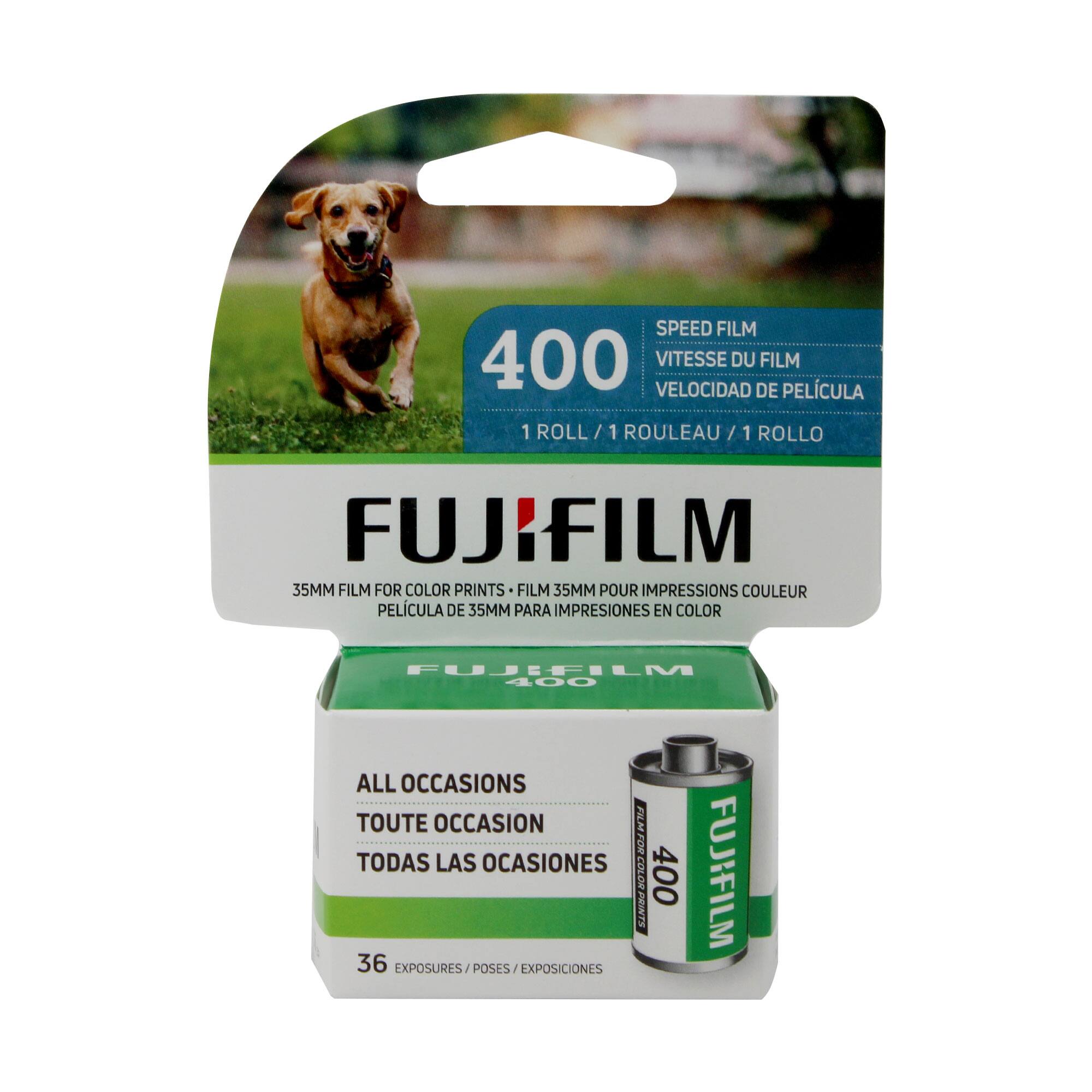 SPEED FILM  
400  
VITESSE DU FILM  
VELOCIDAD DE PELICULA  
1 ROLL / 1 ROULEAU / 1 ROLLO  
FUJIFILM  
35MM FILM FOR COLOR PRINTS  
FILM 35MM POUR IMPRESSIONS COULEUR  
PELICULA DE 35MM PARA IMPRESIONES EN COLOR  
FUJIFILM 400  
ALL OCCASIONS  
TOUTE OCCASION  
TODAS LAS OCASIONES  
COLOR 400  
COLOR PRINTS  
36 EXPOSURES / POSES / EXPOSICIONES