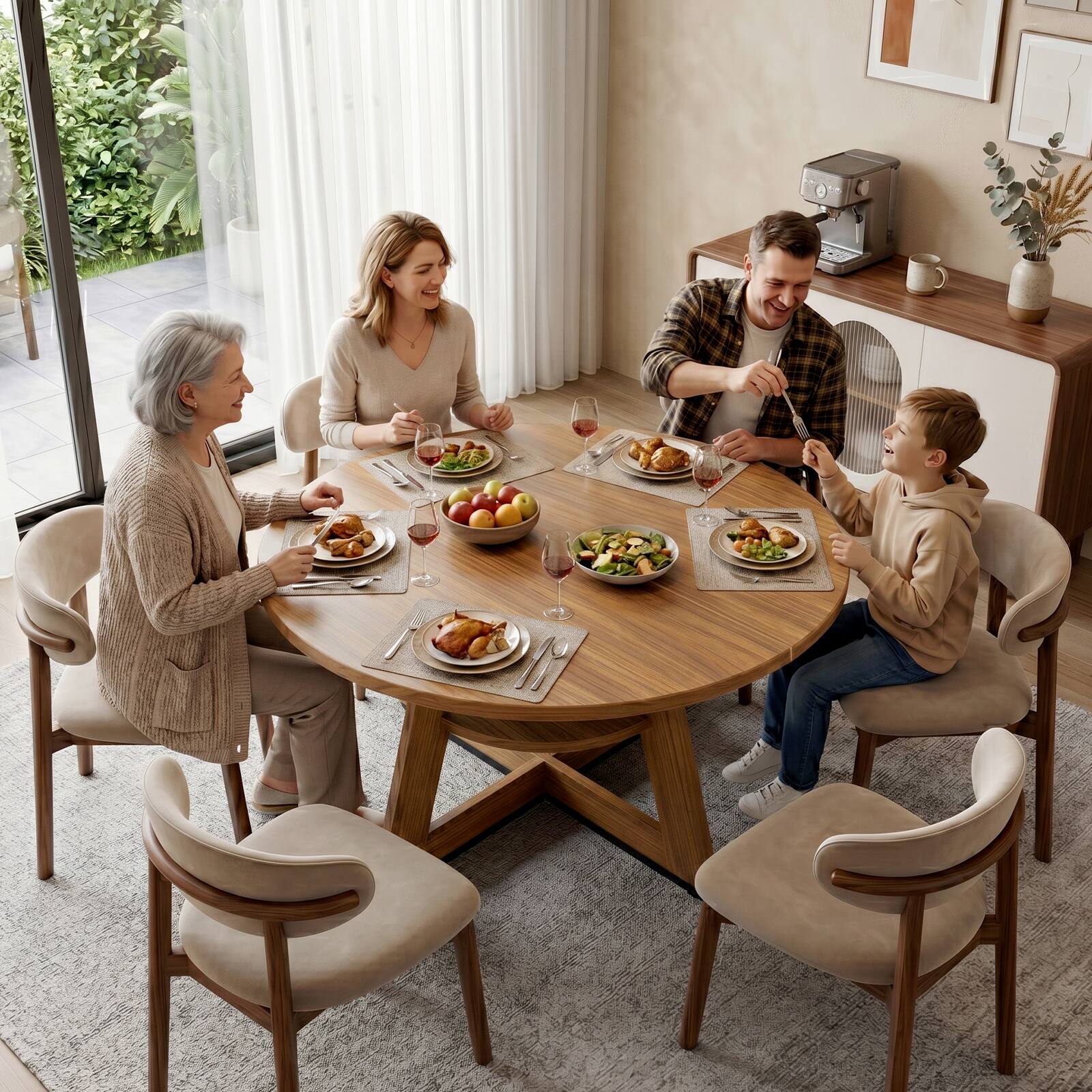 Left. Bestier - Modern Dining Table with Built-in Storage, Stable Triangular Base, Metal-Accented Legs - Brown Oak.