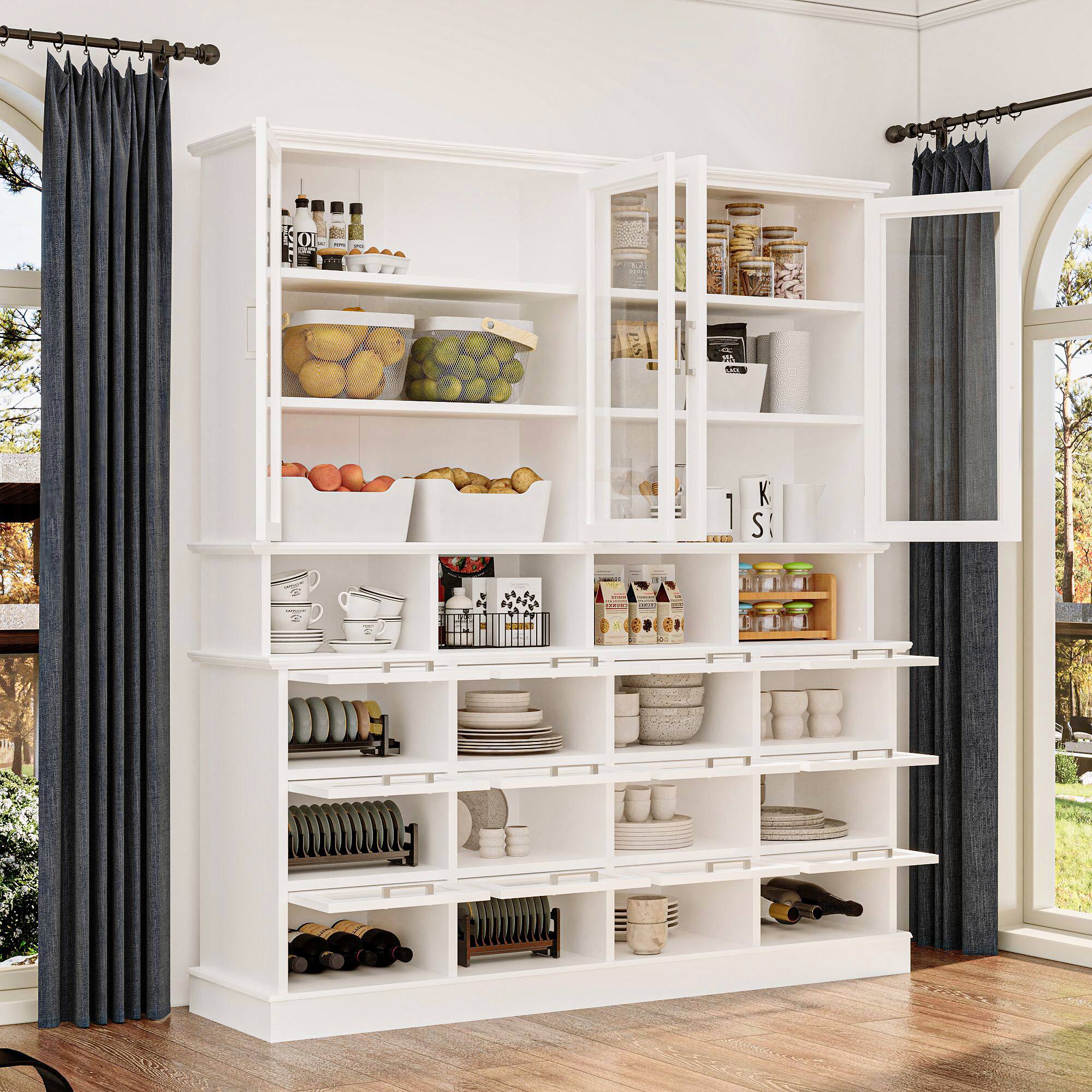 Angle. FUFU & GAGA - 4 Door Sideboard Buffet Cabinet with Glass Doors Large Storage Display Unit for Kitchen and Dining Room - White.