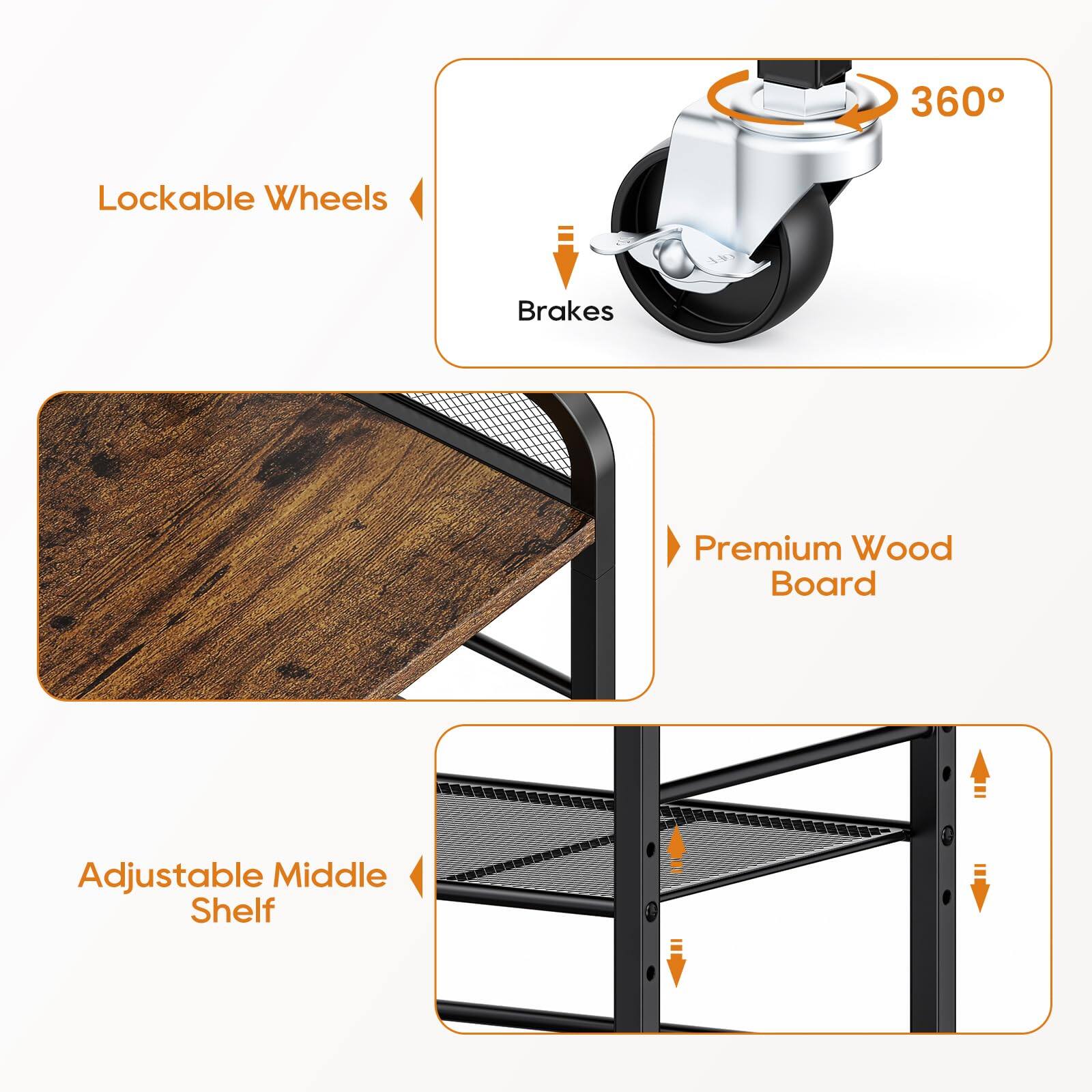 - Lockable Wheels
- Brakes
- 360°
- Premium Wood Board
- Adjustable Middle Shelf