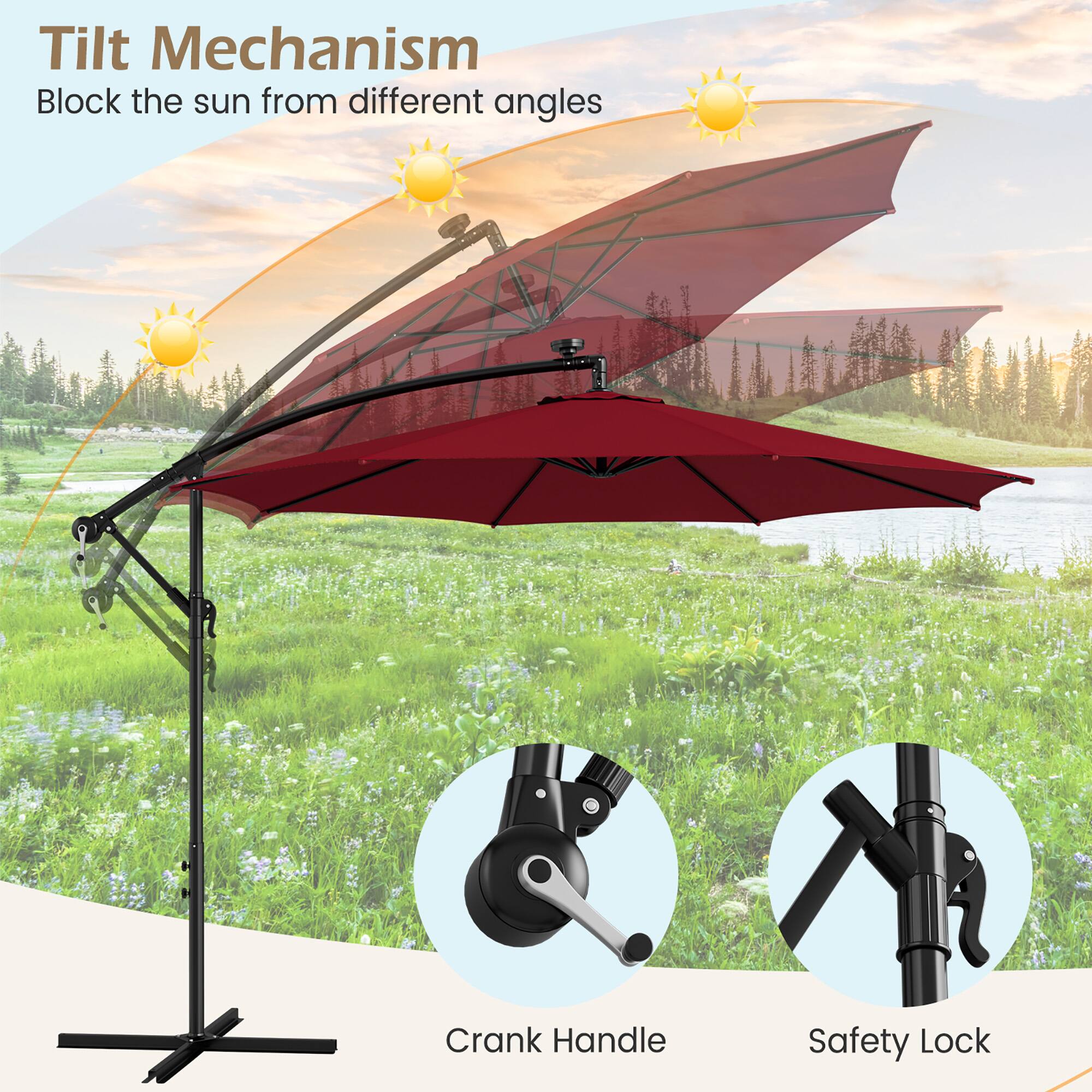 Tilt Mechanism: Block the sun from different angles. Crank Handle: Safety Lock.