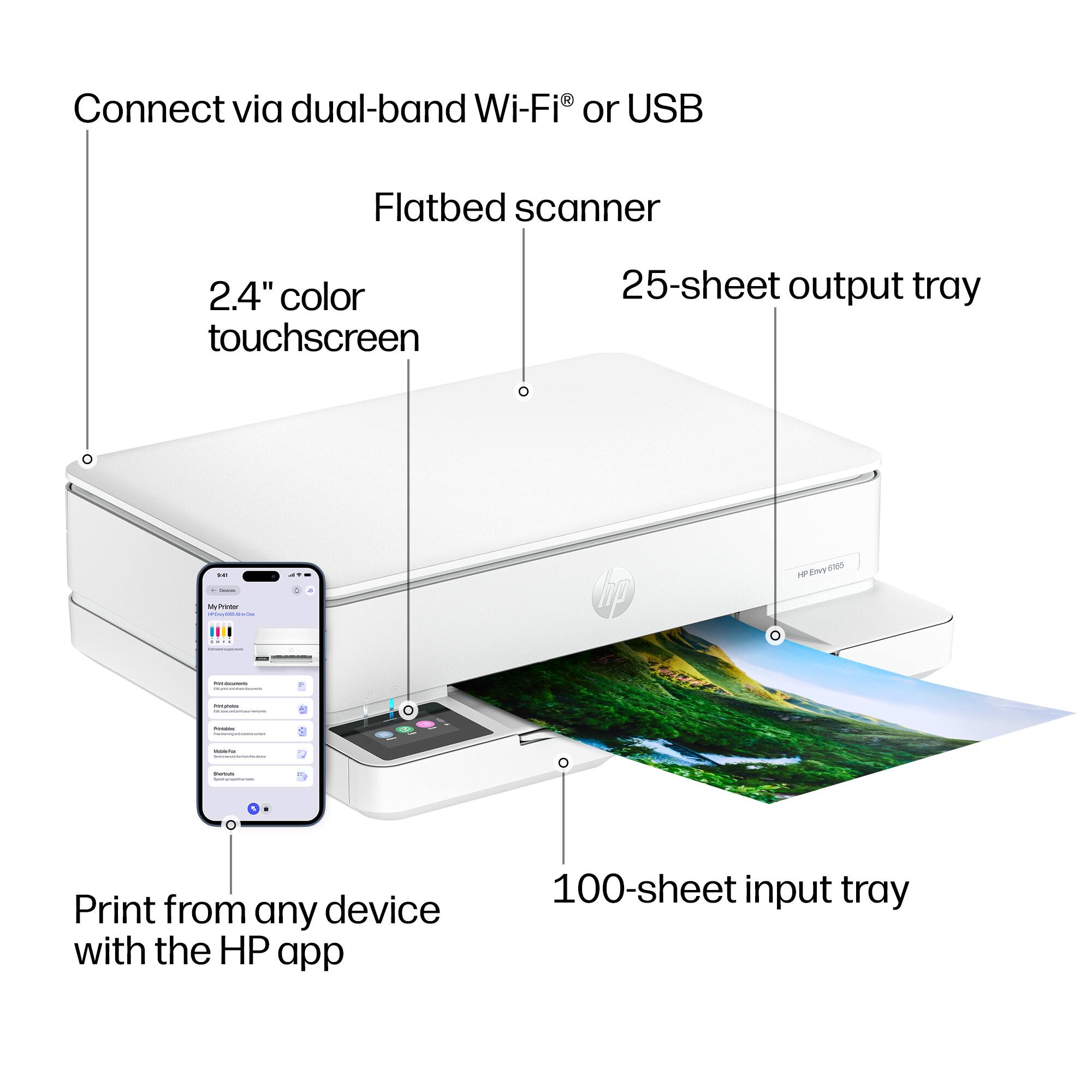 Connect via dual-band Wi-Fi® or USB

Flatbed scanner

2.4" color touchscreen

25-sheet output tray

Print from any device with the HP app

100-sheet input tray