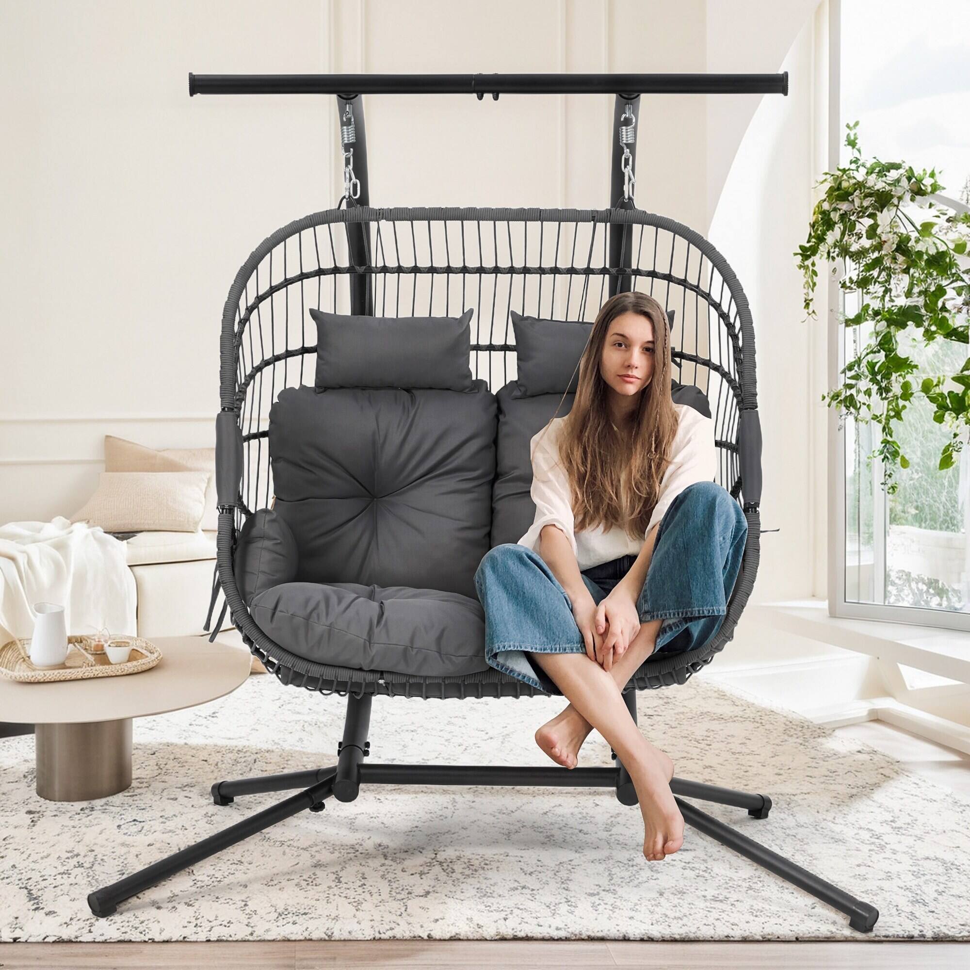 Angle. U-HOMY - 2-Person Rattan Hanging Swing Chair with Canopy – Indoor/Outdoor Patio - Rectangle.
