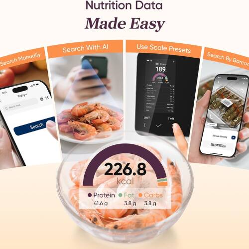 Nutrition Data Made Easy  
Search Manually  
Search With AI  
Use Scale Presets  
Search By Barcode  

226.8 kcal  
Protein 41.6 g  
Fat 3.8 g  
Carbs 3.8 g