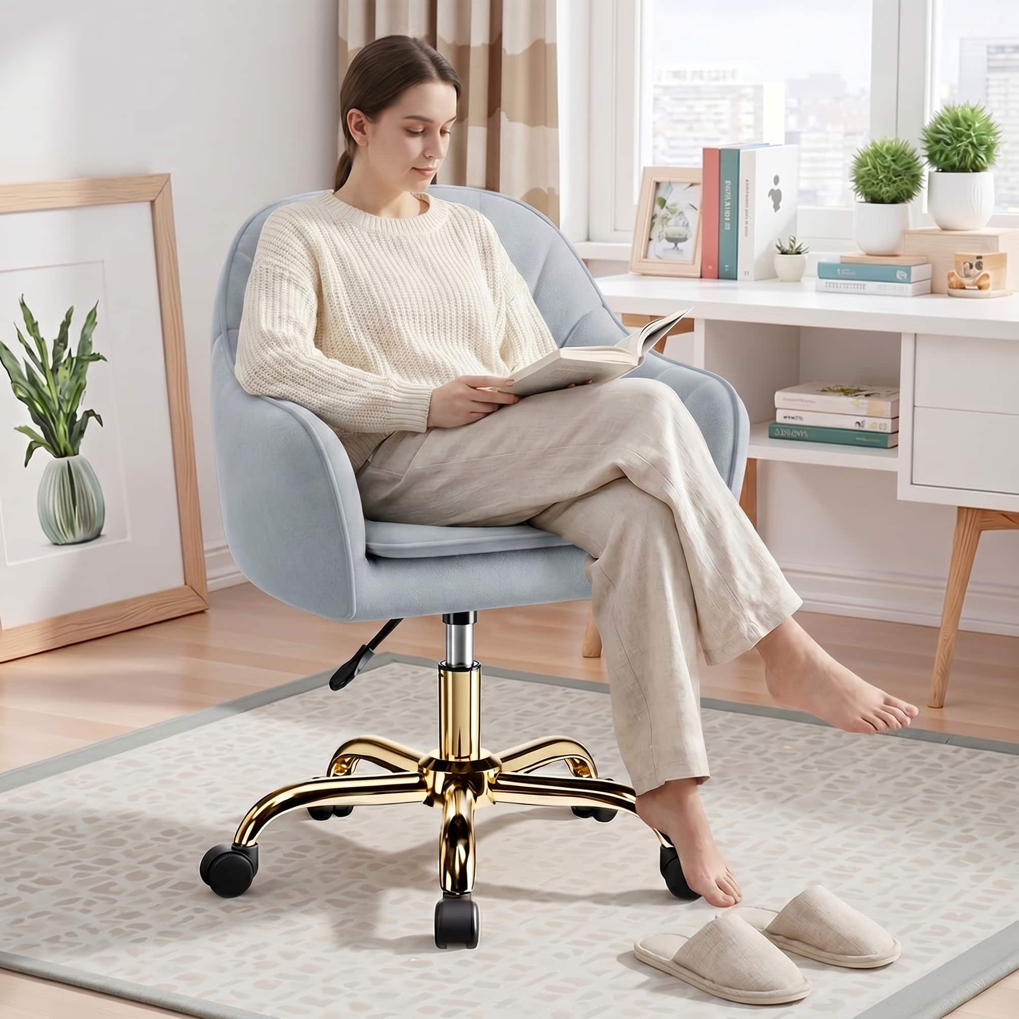 Brick Attic - Vanity Chair with Wheels, Ergonomic Home Office Desk Chairs,Adjustable Velvet Swivel Makeup Stool for Living Room - Gray