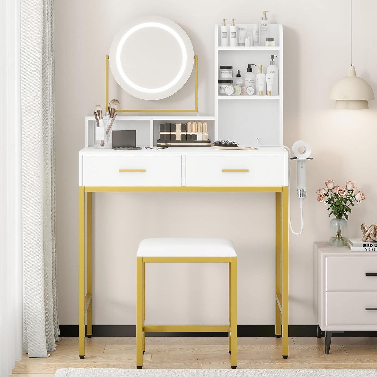 Acekool - Vanity Desk with Mirror and Lights, Makeup Vanity Desk with Lights 3 Colors, Wood Vanity with 2 Drawers, Stool - Gold