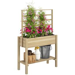 Outsunny - Wooden Raised Garden Bed with Trellis, Elevated Planter Box with Storage Shelf, Drainage Holes and Liner - Natural Wood