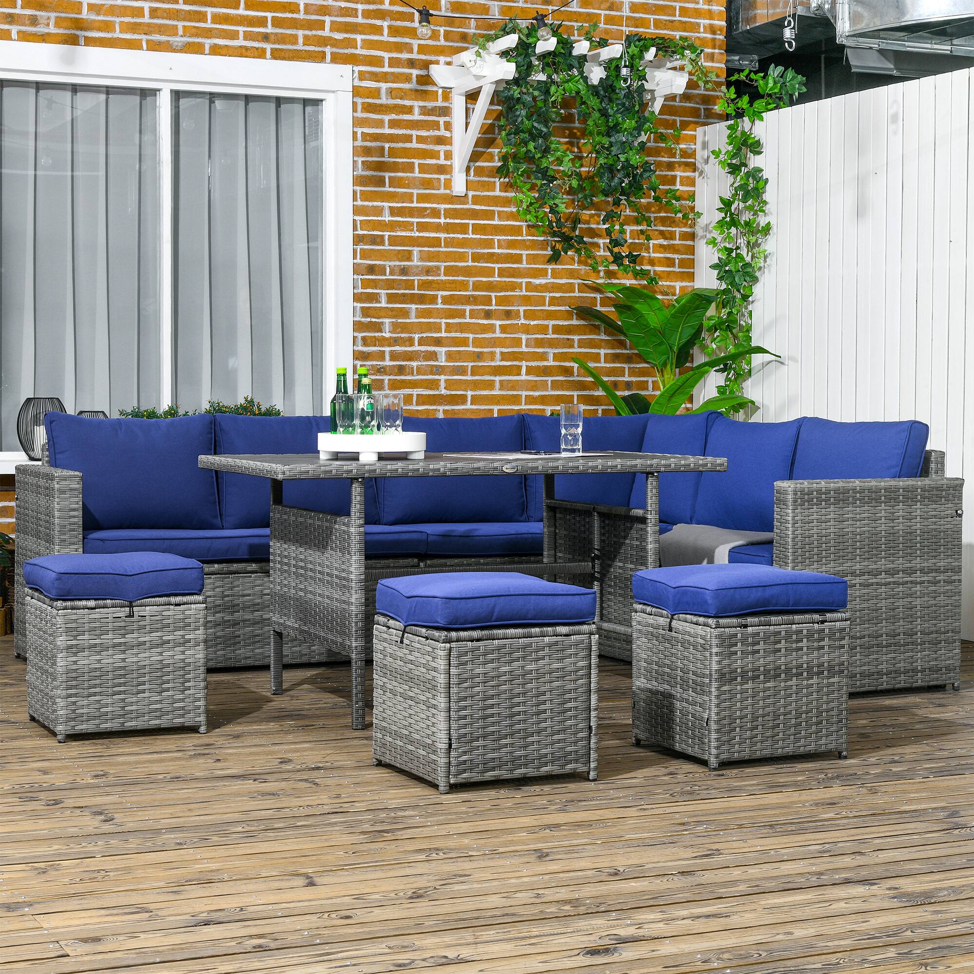 Alt View 1. Outsunny - Wicker Outdoor Patio Furniture Set, L-Shaped 7 Piece Outdoor Dining Sectional Sofa with Dining Table and Chair - Dark Blue.