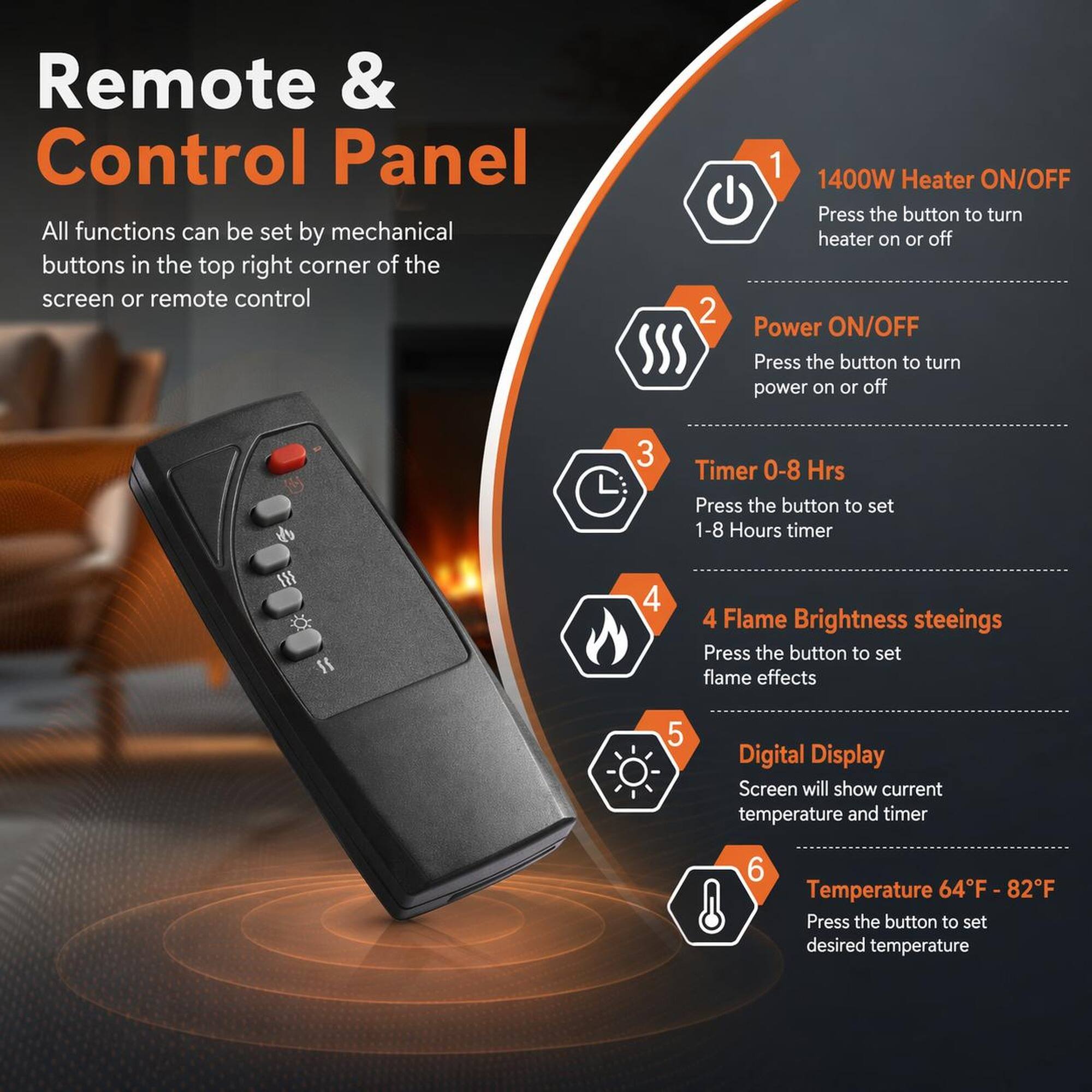 Remote & Control Panel

All functions can be set by mechanical buttons in the top right corner of the screen or remote control

1. 1400W Heater ON/OFF
   - Press the button to turn heater on or off

2. Power ON/OFF
   - Press the button to turn power on or off

3. Timer 0-8 Hrs
   - Press the button to set 1-8 Hours timer

4. Flame Brightness settings
   - Press the button to set flame effects

5. Digital Display
   - Screen will show current temperature and timer

6. Temperature 64°F - 82°F
   - Press the button to set desired temperature
