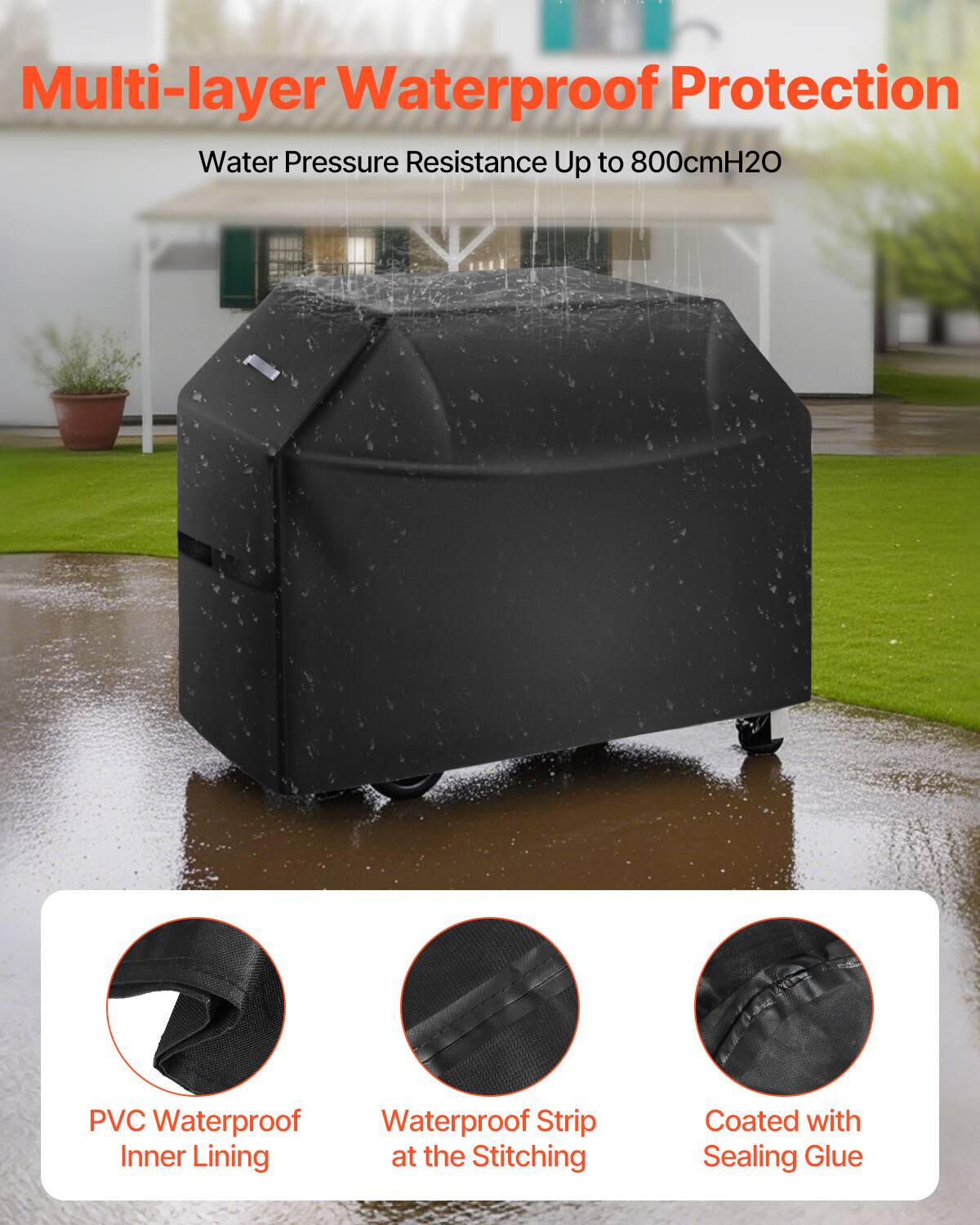 Multi-layer Waterproof Protection  
Water Pressure Resistance Up to 800cmH2O  

PVC Waterproof Inner Lining  
Waterproof Strip at the Stitching  
Coated with Sealing Glue