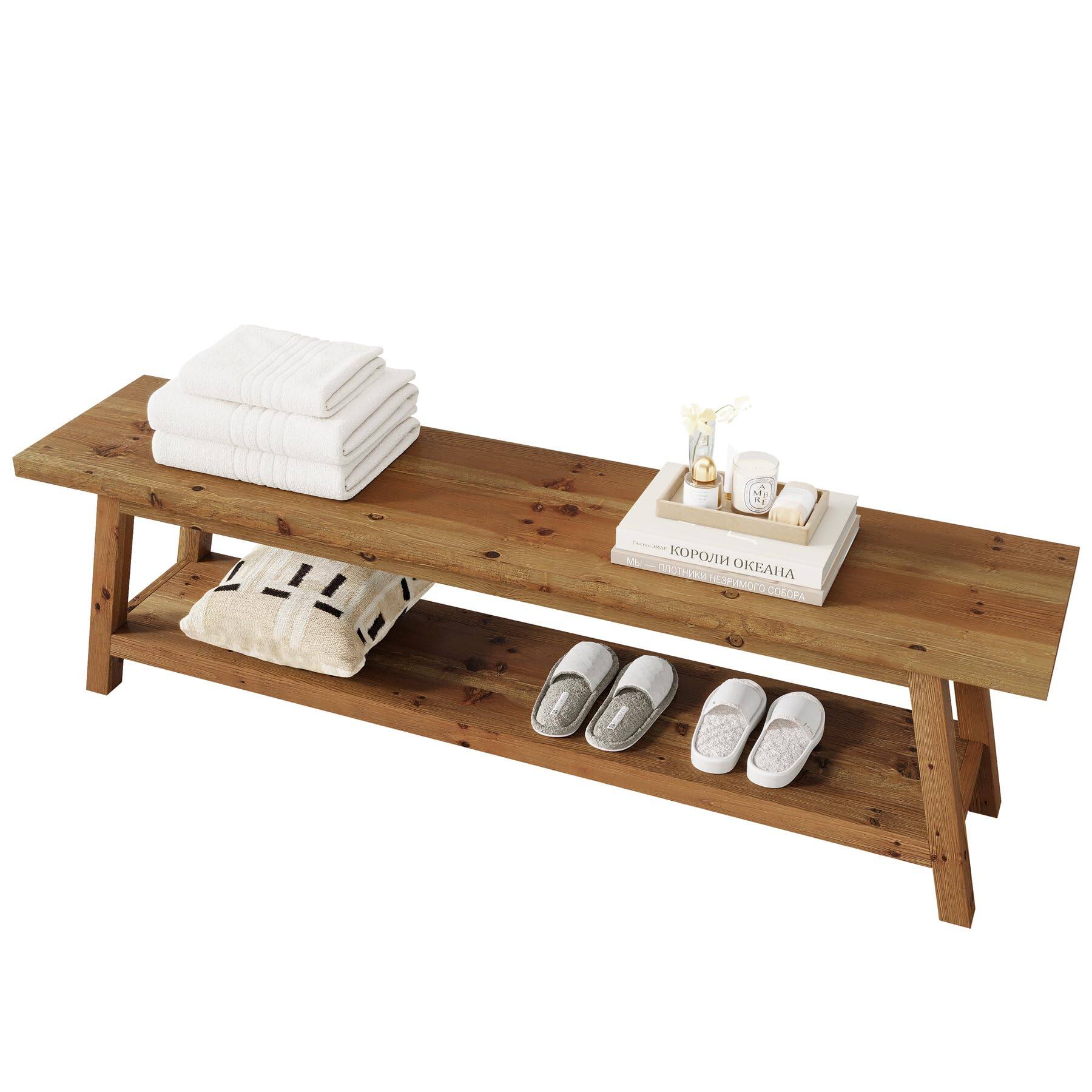 Alt View 4. Tribesigns - Solid Wood 63-inch Long Dining Bench with Storage Shelf, - Brown.