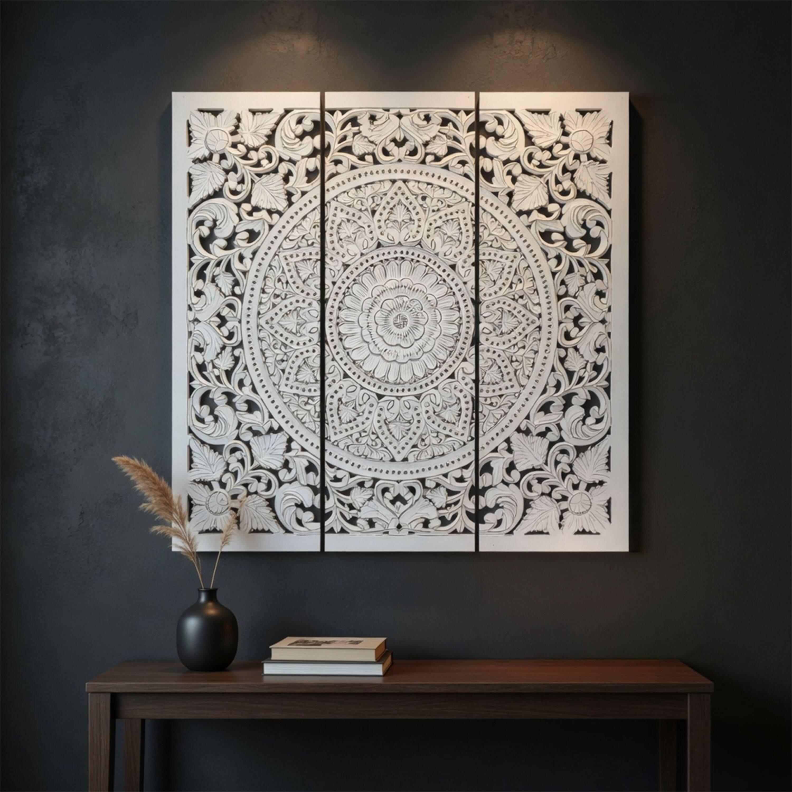 Alt View 4. Manhattan Lane - Josa 3pc Wood Wall Panel Set, Mandala Floral Carving, Antique White Finish, 48 Inch Square Decor - Antique White.