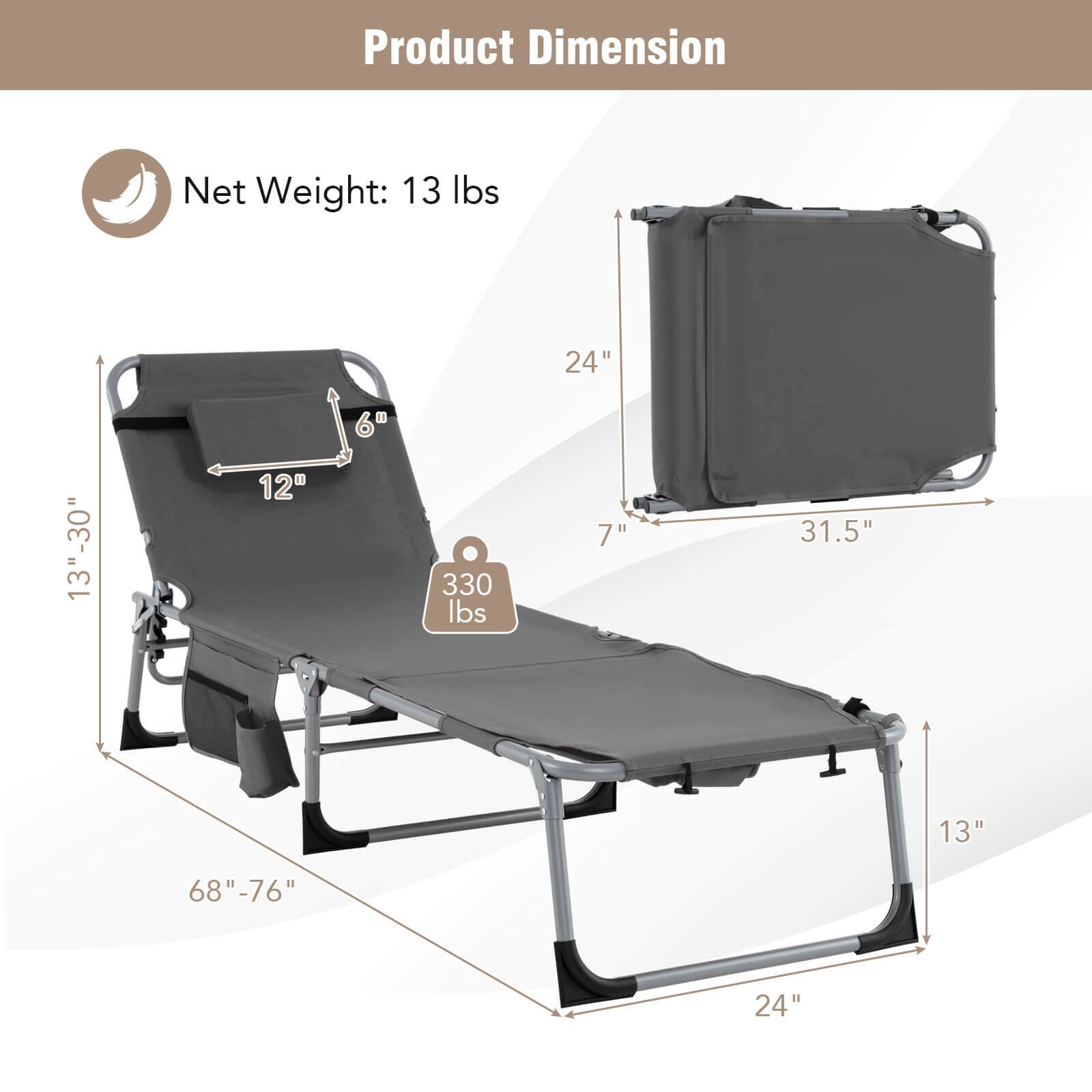 Product Dimension

Net Weight: 13 lbs

- 24" (width)
- 31.5" (length)
- 7" (height)
- 13" (depth)
- 12" (width)
- 6" (height)
- 13" (depth)
- 68"-76" (length)
- 24" (width)
- 330 lbs (capacity)