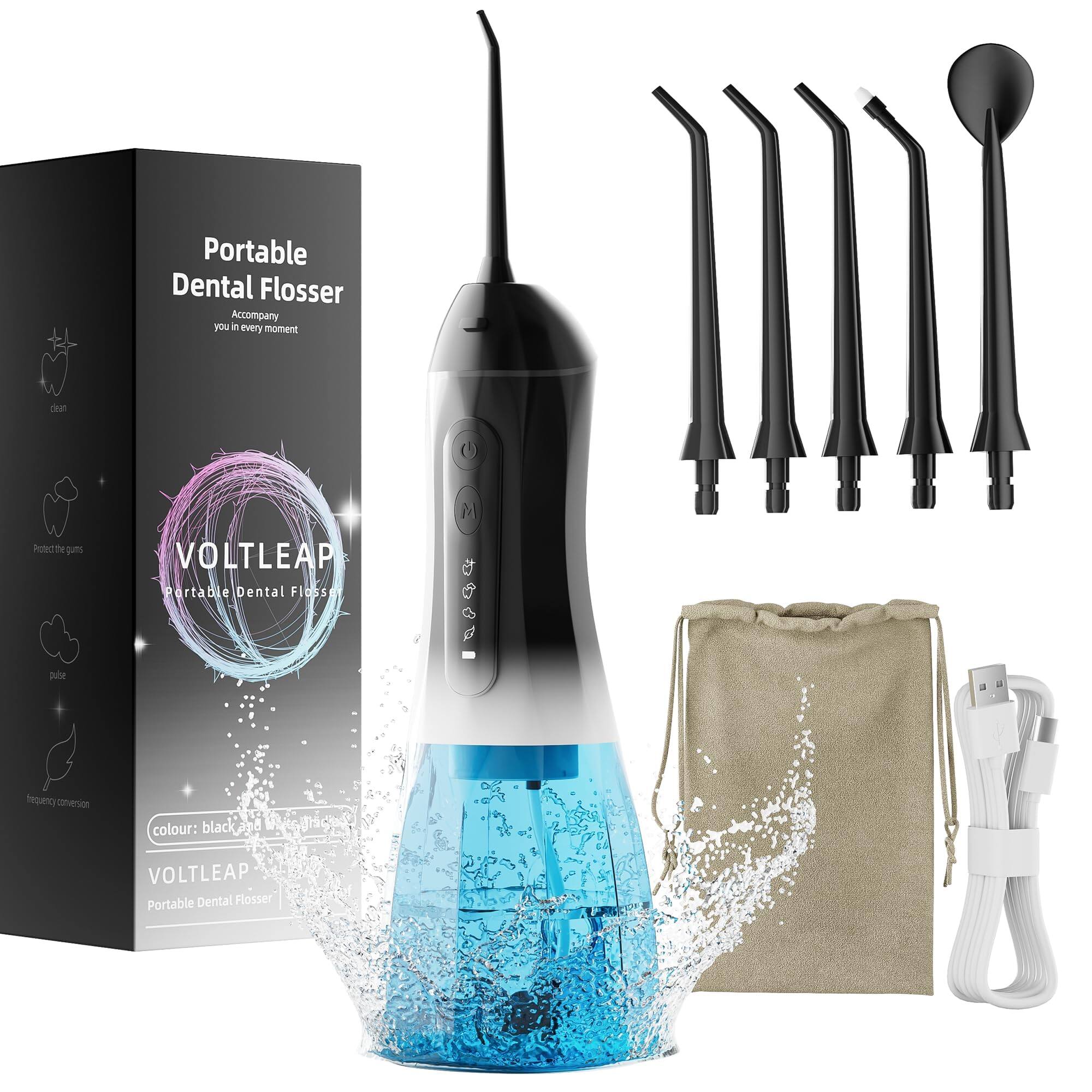 Portable Dental Flosser  
Accompany you in every moment  

VOLTLEAP  
Portable Dental Flosser  

colour: black  

VOLTLEAP  
Portable Dental Flosser
