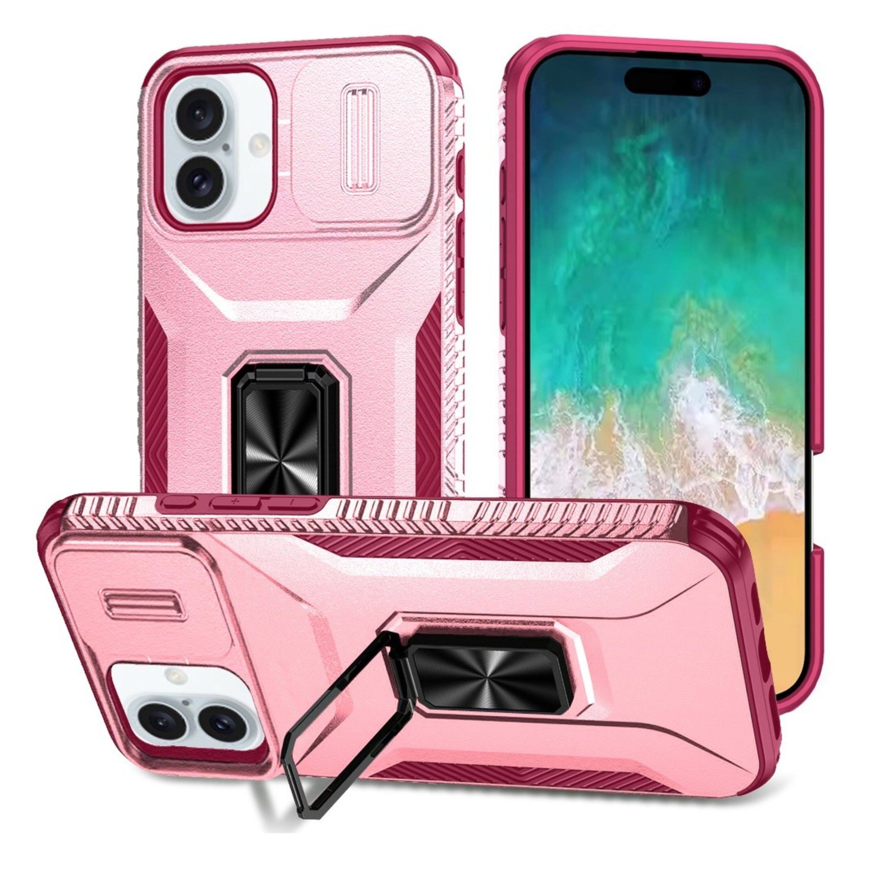 Front. Kitcheniva - Complete Protection Magnetic Stand Phone Case With Tempered Glass For iPhone 16 Plus Pink/Burgundy - Pink Burgundy.