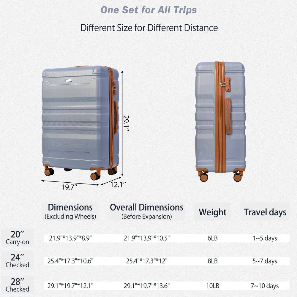 One Set for All Trips  
Different Size for Different Distance  

Dimensions (Excluding Wheels)  
20" Carry-on: 21.9" x 13.9" x 8.9"  
24" Checked: 25.4" x 17.3" x 10.6"  
28" Checked: 29.1" x 19.7" x 12.1"  

Overall Dimensions (Before Expansion)  
20" Carry-on: 21.9" x 13.9" x 10.5"  
24" Checked: 25.4" x 17.3" x 12"  
28" Checked: 29.1" x 19.7" x 13.6"  

Weight  
20" Carry-on: 6LB  
24" Checked: 8LB  
28" Checked: 10LB  

Travel days  
20" Carry-on: 1~5 days  
24" Checked: 5~7 days  
28" Checked: 7~10 days