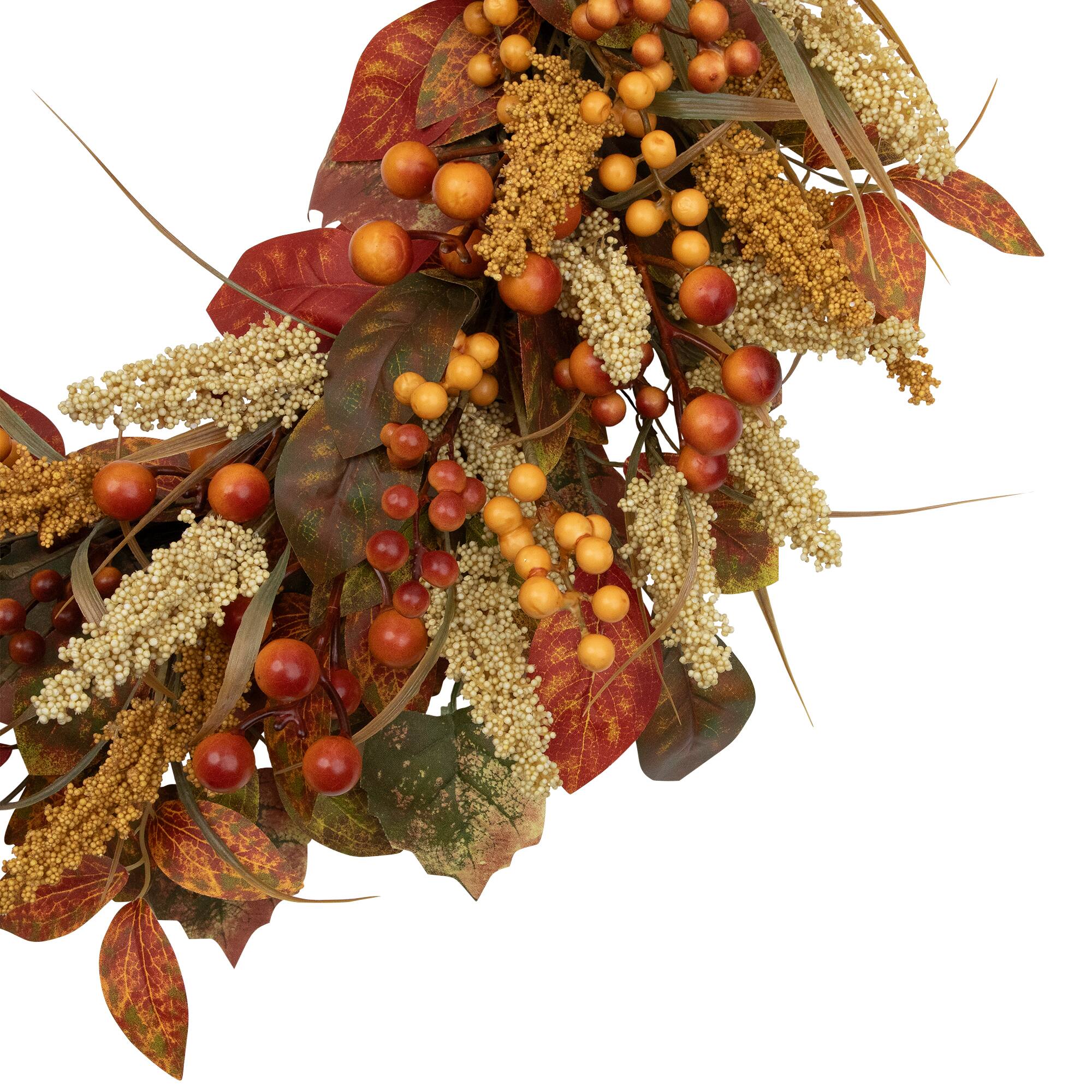 Alt View 5. Northlight - Autumn Leaves, Grass Blades and Berries Artificial Fall Harvest Wreath - 24" - Orange.
