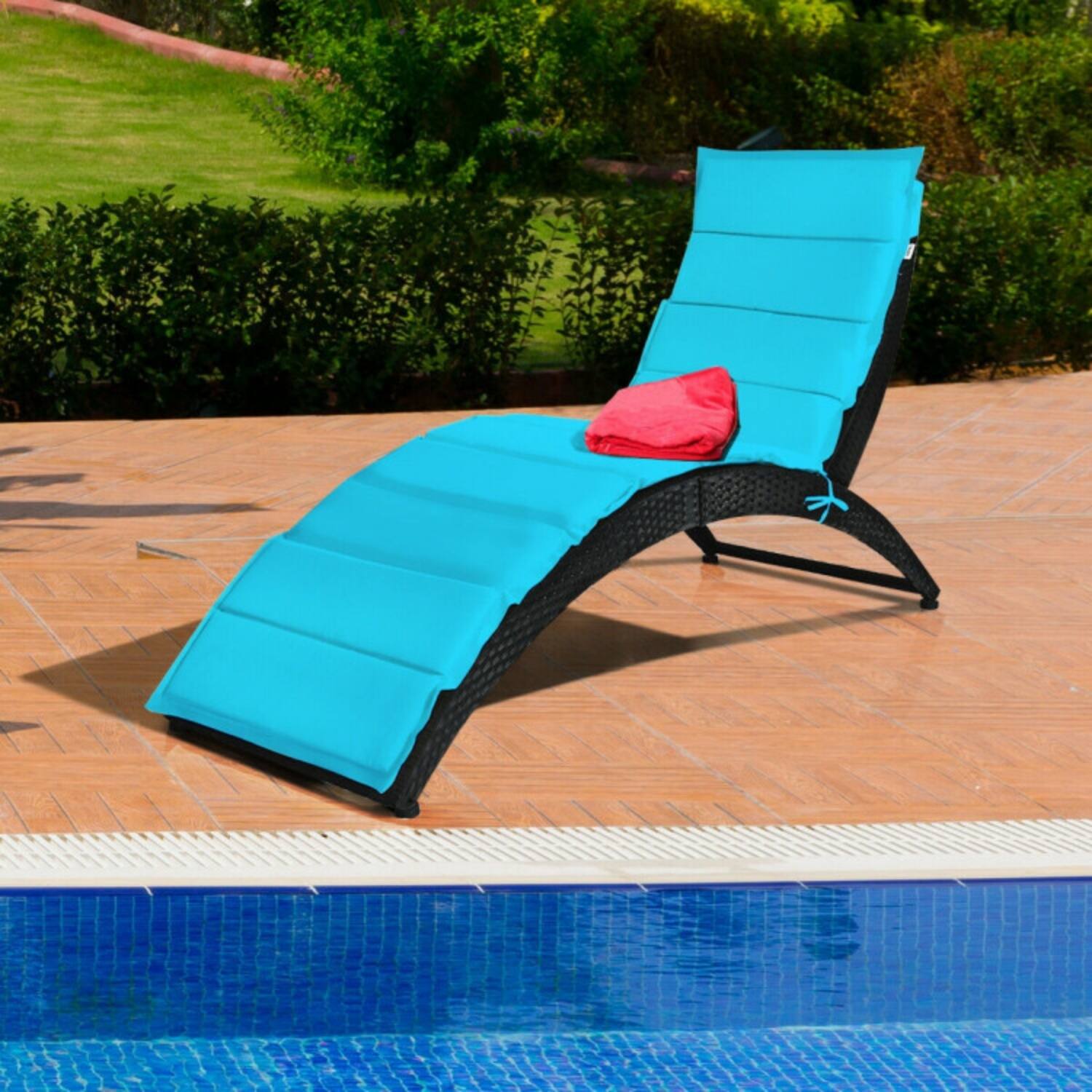 Left. Mondawe - 64" Folding Patio Rattan Lounge Chair w Cushion 400 lbs Steel Frame for Outdoor - Turquoise.