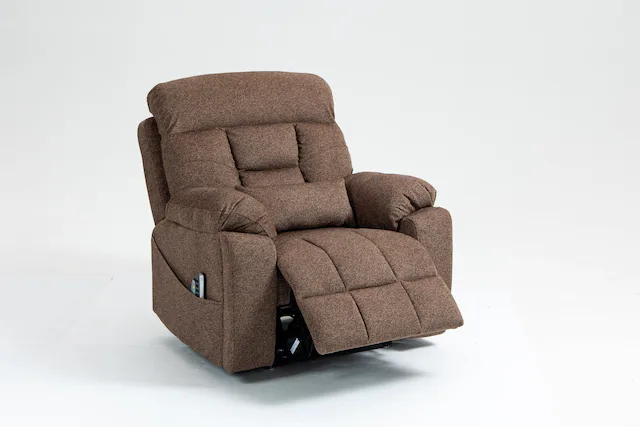 Front. APRILSOUL - Electric lift chair with heating and massage functions 180 degrees 2 pocket cup holders 2 remote controls 4 OKIN motors - Brown.