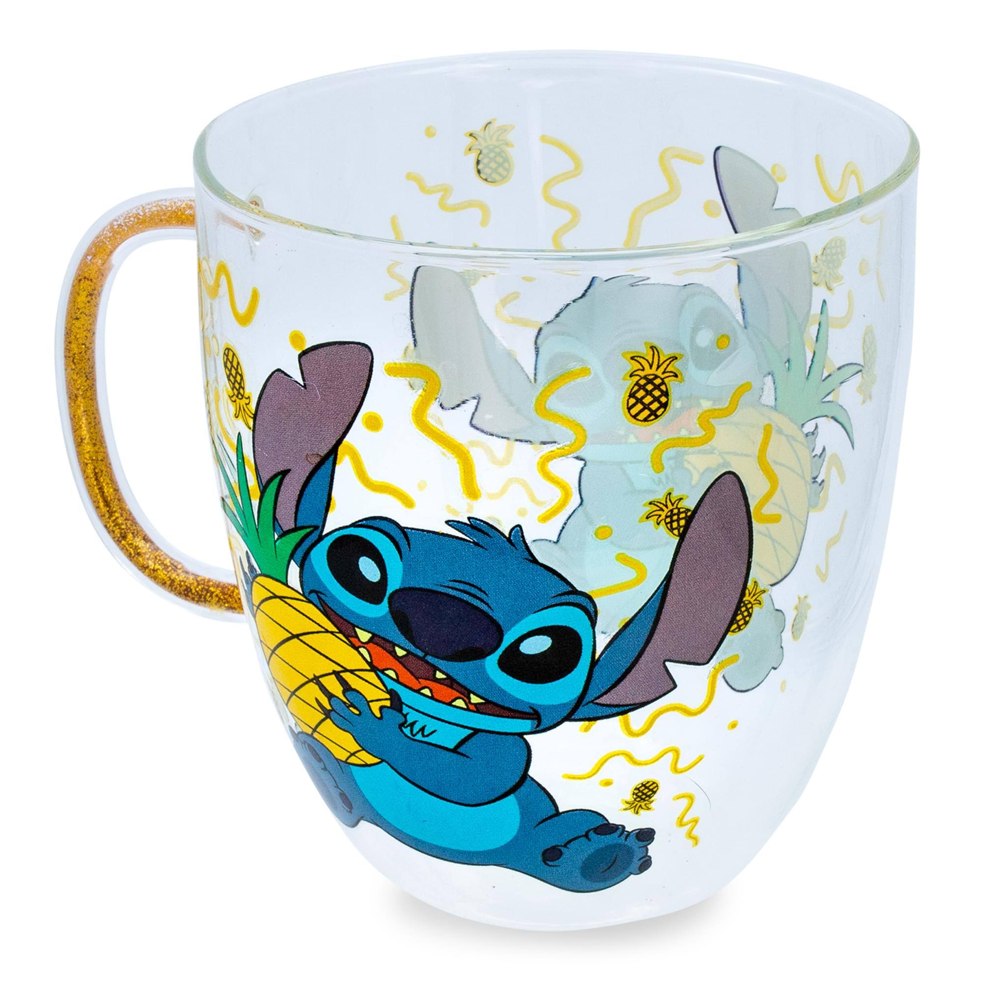 Alt View 1. Silver Buffalo - Disney Lilo & Stitch Pineapples Glitter Handle Glass Mug | 14 Ounces - Blue.
