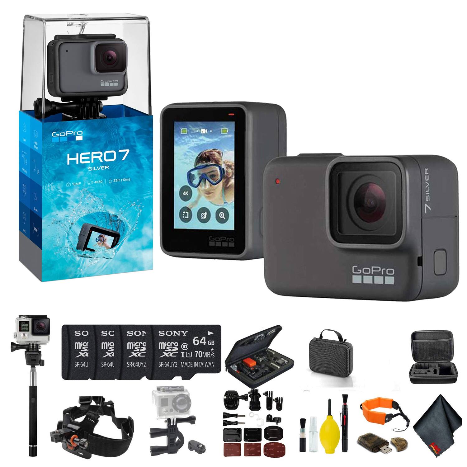 Bundle- GoPro- HERO7 Silver- Includes: 4 64GB Memory Cards, Case, Chest Mount, Handle Bar Mount, Selfie Stick, Floating S- Silver