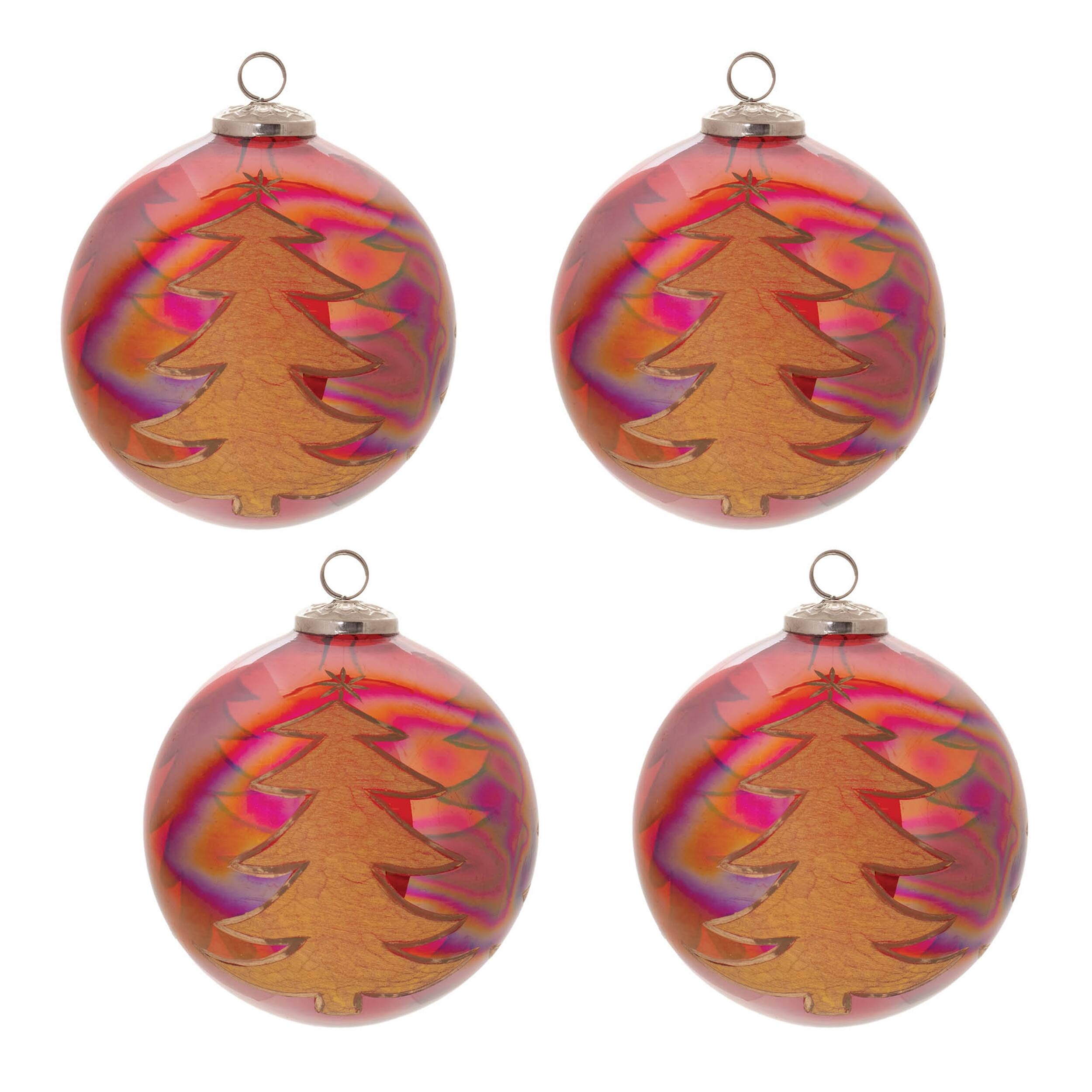 Angle. BreeBe - Tree Etched Ball Ornament (Set of 4) - Red, Gold.