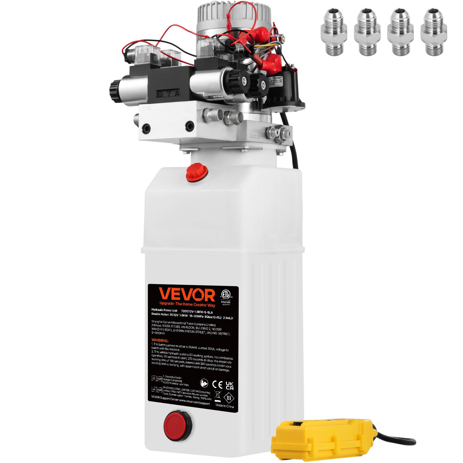 VEVOR - Hydraulic Pump, 8 Quart/2 Gal Double Acting Dump Trailer Pump DC 12V, 3200 PSI Max Relief Pressure, Electric Hydraulic - Silver;Black
