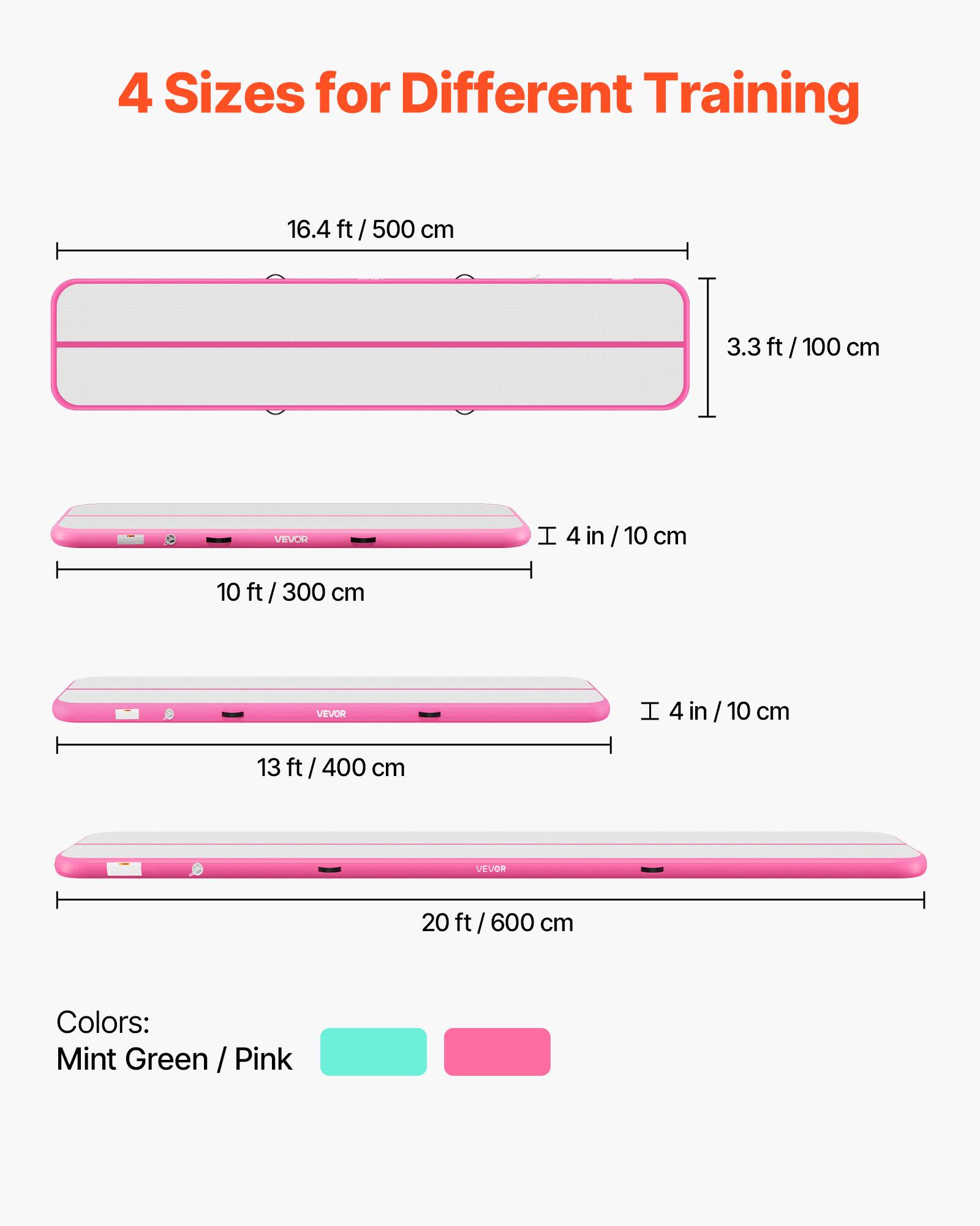 4 Sizes for Different Training

16.4 ft / 500 cm
3.3 ft / 100 cm

10 ft / 300 cm
4 in / 10 cm

13 ft / 400 cm
4 in / 10 cm

20 ft / 600 cm

Colors: Mint Green / Pink