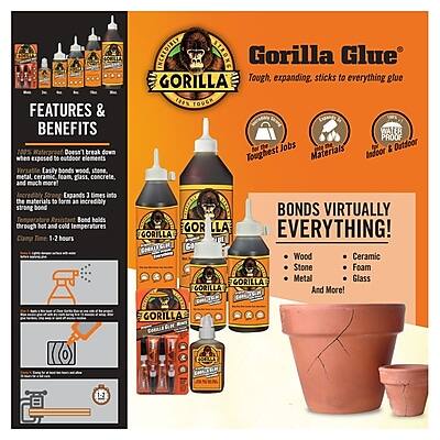 **Features & Benefits:**

- 100% Waterproof
- Doesn't break down when exposed to outdoor elements
- Easily bonds wood, stone, metal, ceramic, foam, glass, concrete, and much more!
- Expands 3 times its size to form an incredibly strong bond
- Holds through both hot and cold temperatures
- Clamps 1-2 hours

**Gorilla Glue: Tough, expanding, sticks to everything glue**

- Bonds virtually everything!
  - Wood
  - Ceramic
  - Stone
  - Foam
  - Metal
  - Glass
  - And more!

**Toughest Jobs & Outdoor Tough Materials**

- Indoor & Outdoor
- Bonds virtually everything