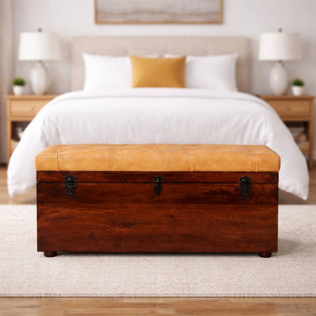 Angle. Artisan Furniture - Artisan Furniture Solid wood Tan Leather Storage Trunk Bench, Orange and Dark Brown - Orange And Brown.