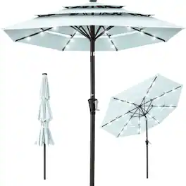 Best Choice Products - 10ft 3-Tier Solar Patio Umbrella w/ 24 LED Lights, Tilt Adjustment, Easy Crank - Baby Blue
