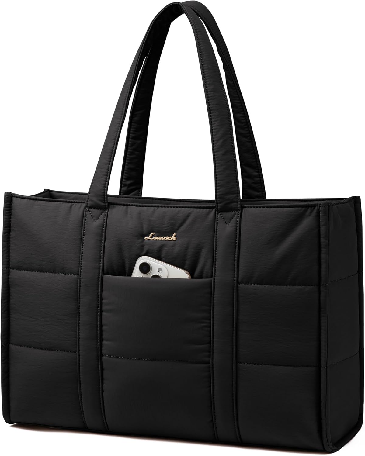 Front. Vulpecula Spade - Laptop Bag for Women, Puffer Tote Bag for Work 15.6 Inch Large Computer Briefcase for Teacher Nurse - Jet Black.