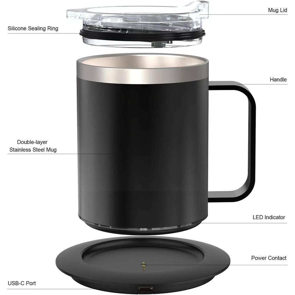 - Mug Lid
- Silicone Sealing Ring
- Handle
- Double-layer Stainless Steel Mug
- LED Indicator
- Power Contact
- USB-C Port