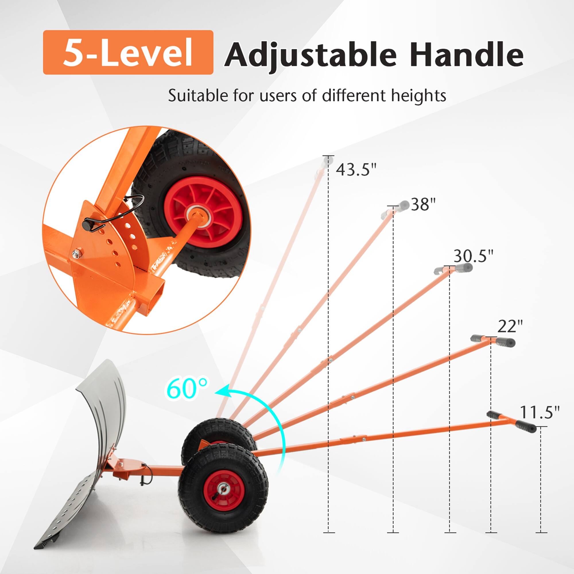 The text on the image reads: "5-Level Adjustable Handle Suitable for users of different heights 43.5" 38" 30.5" 22" 60 11.5". This text is grouped and corrected as follows:

"5-Level Adjustable Handle Suitable for users of different heights: 43.5" 38" 30.5" 22" 60 11.5"."