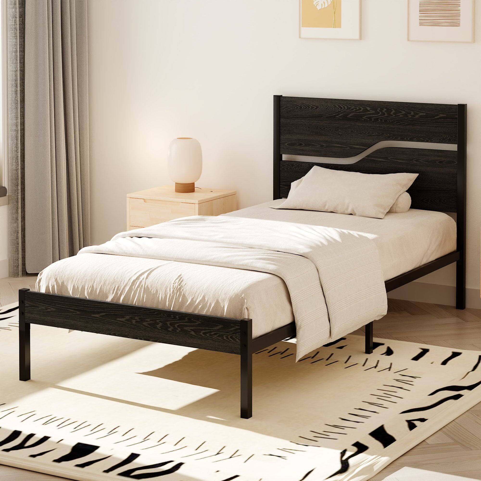 Alt View 3. Vecelo - Queen Size Bed Frame with Wood Headboard, Heavy Duty Metal Platform with Storage, Noise-Free, No Box Spring Needed - Black.