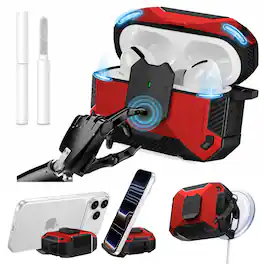 Dteck - for AirPods Pro 3 Case with Phone Stand, Fits MagSafe, Magnetic Lock Shockproof Rugged Cover with Cleaner Kit - Red