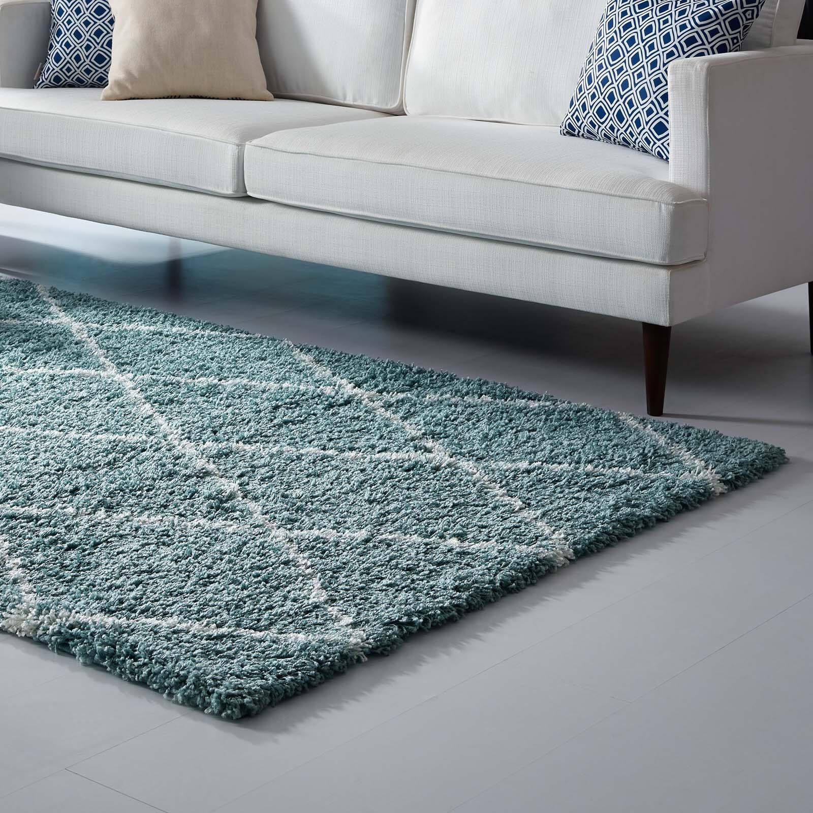 Left. Modway - Toryn Diamond Lattice Shag Area Rug - Aqua Blue and Ivory.