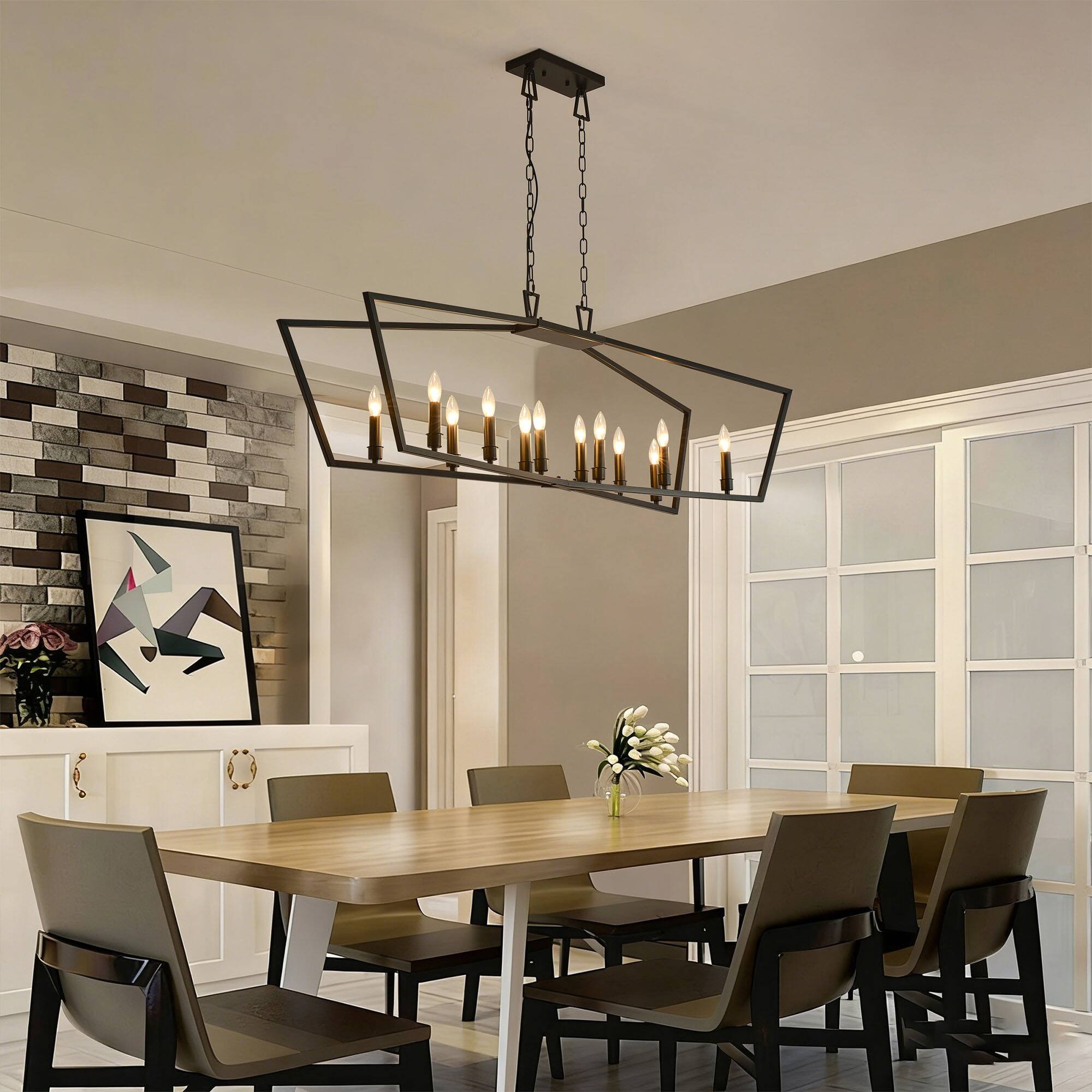 Angle. RYHNUYNE - 12-Light Kitchen Island Linear Chandelier, Large Farmhouse Chandelier for Dining Room, Industrial Pendant Light Fixture - Black.
