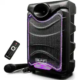 Dolphin Audio - Dolphin Bluetooth Karaoke Loudspeaker System with Dynamic Spin LED Lights and Microphone DJ Party Speaker - Black