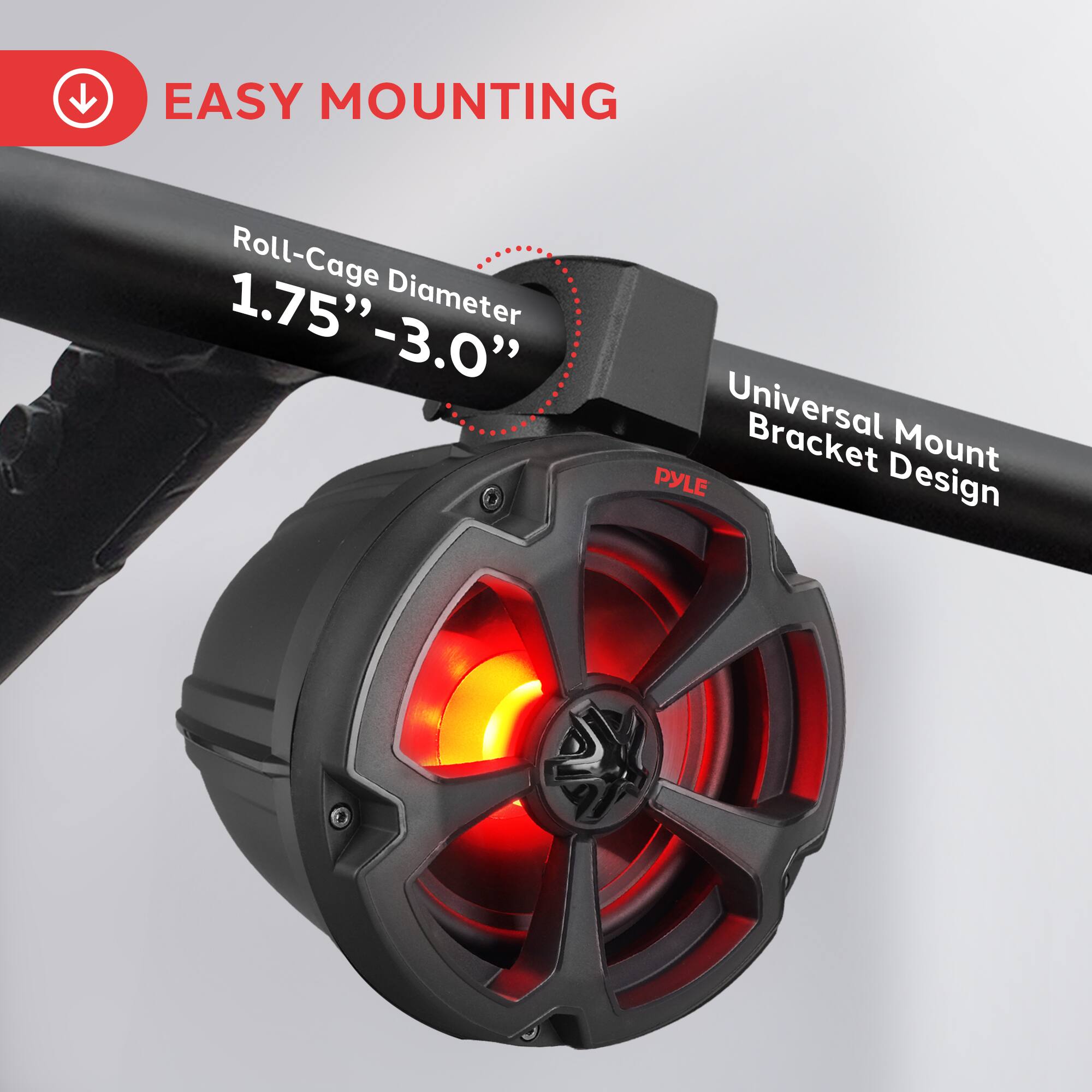 EASY MOUNTING, Roll-Cage Diameter 1.75"-3.0", Universal Bracket Mount, PYLE Design