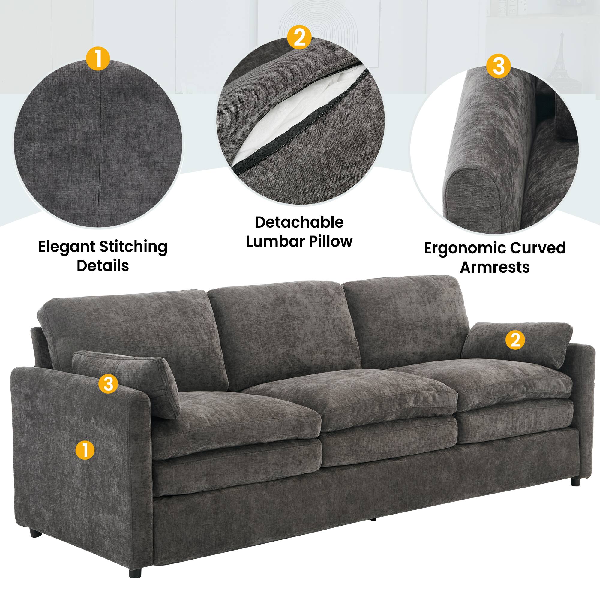 1. Elegant Stitching Details  
2. Detachable Lumbar Pillow  
3. Ergonomic Curved Armrests